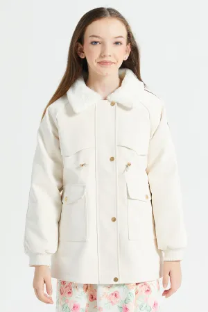 Senior Girls White Fur Collar Elasticated Waist Jacket