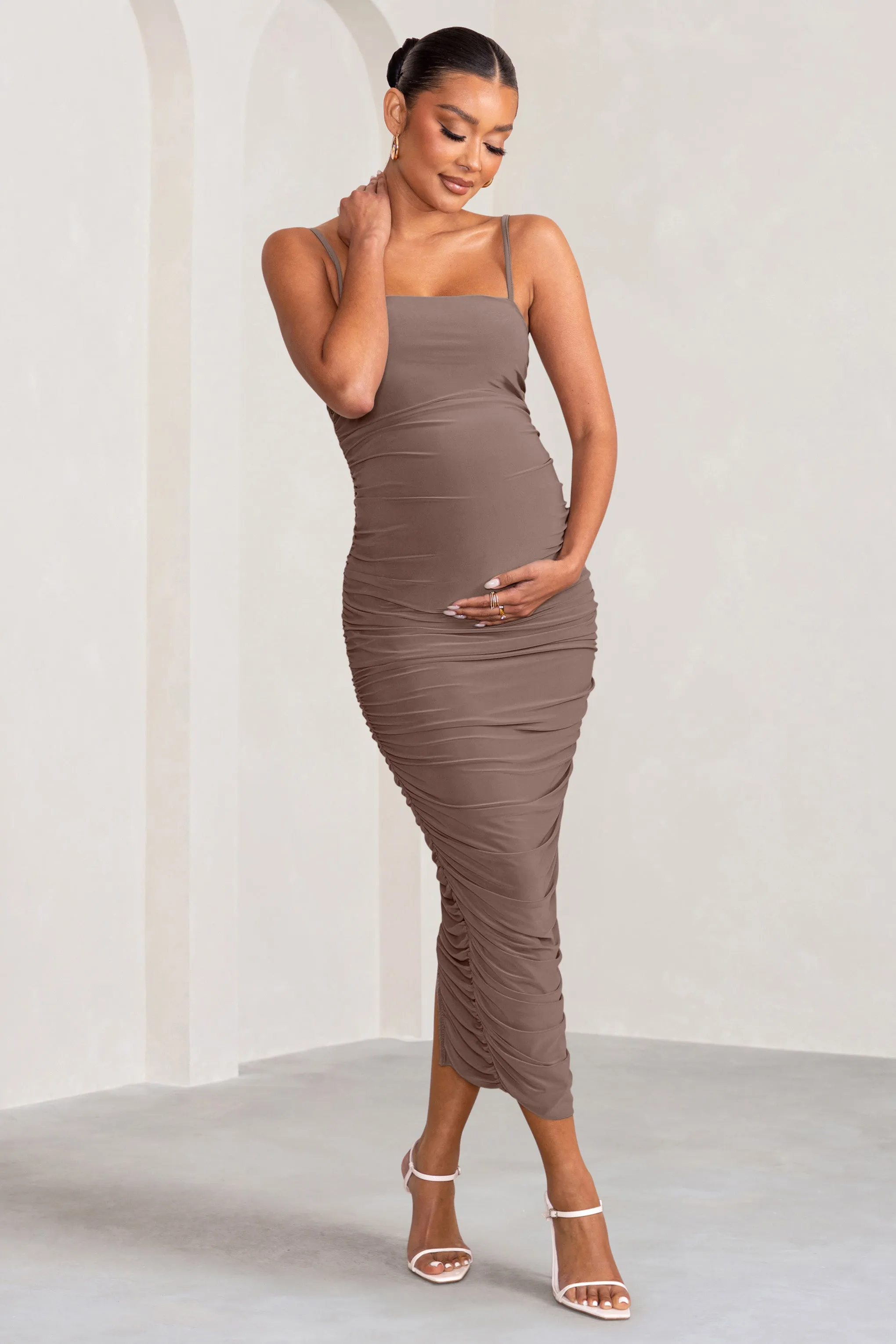 Sentimental | Mocha Maternity Midi Dress with Cami Straps and Ruching