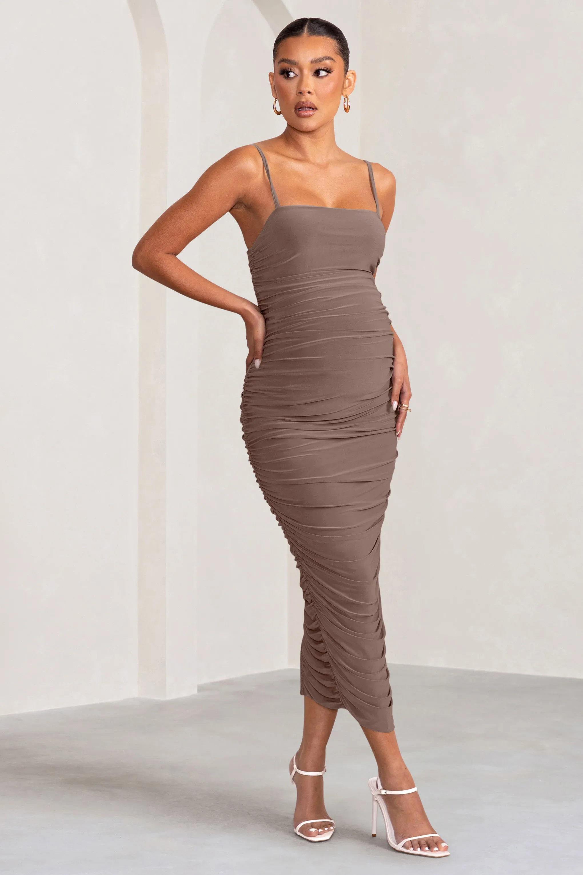 Sentimental | Mocha Maternity Midi Dress with Cami Straps and Ruching