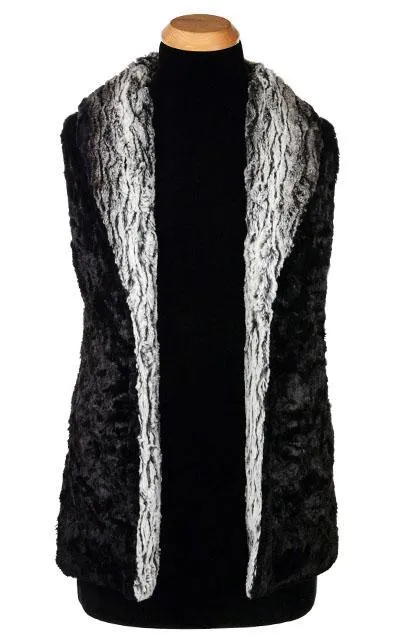 Shawl Collar Vest, Reversible less pockets - Luxury Faux Fur in Smouldering Sequoia with Cuddly Fur in Black