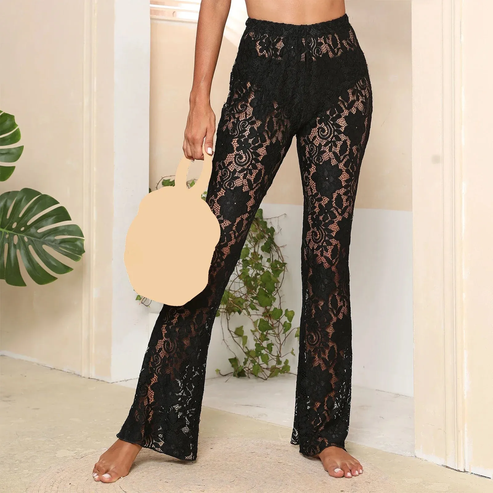 Sheer Lace Floral High Waist See Through Flare Bell-Bottoms Sexy Pants