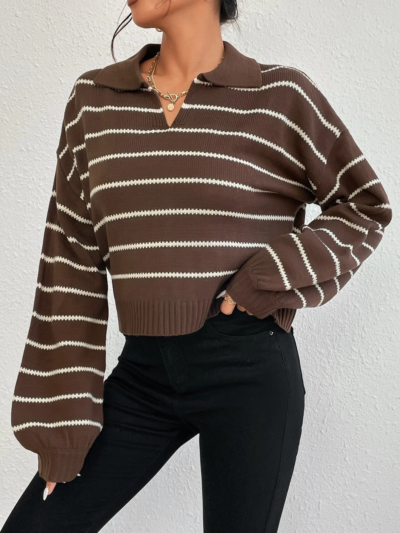 SHEIN EZwear Striped Pattern Drop Shoulder Sweater