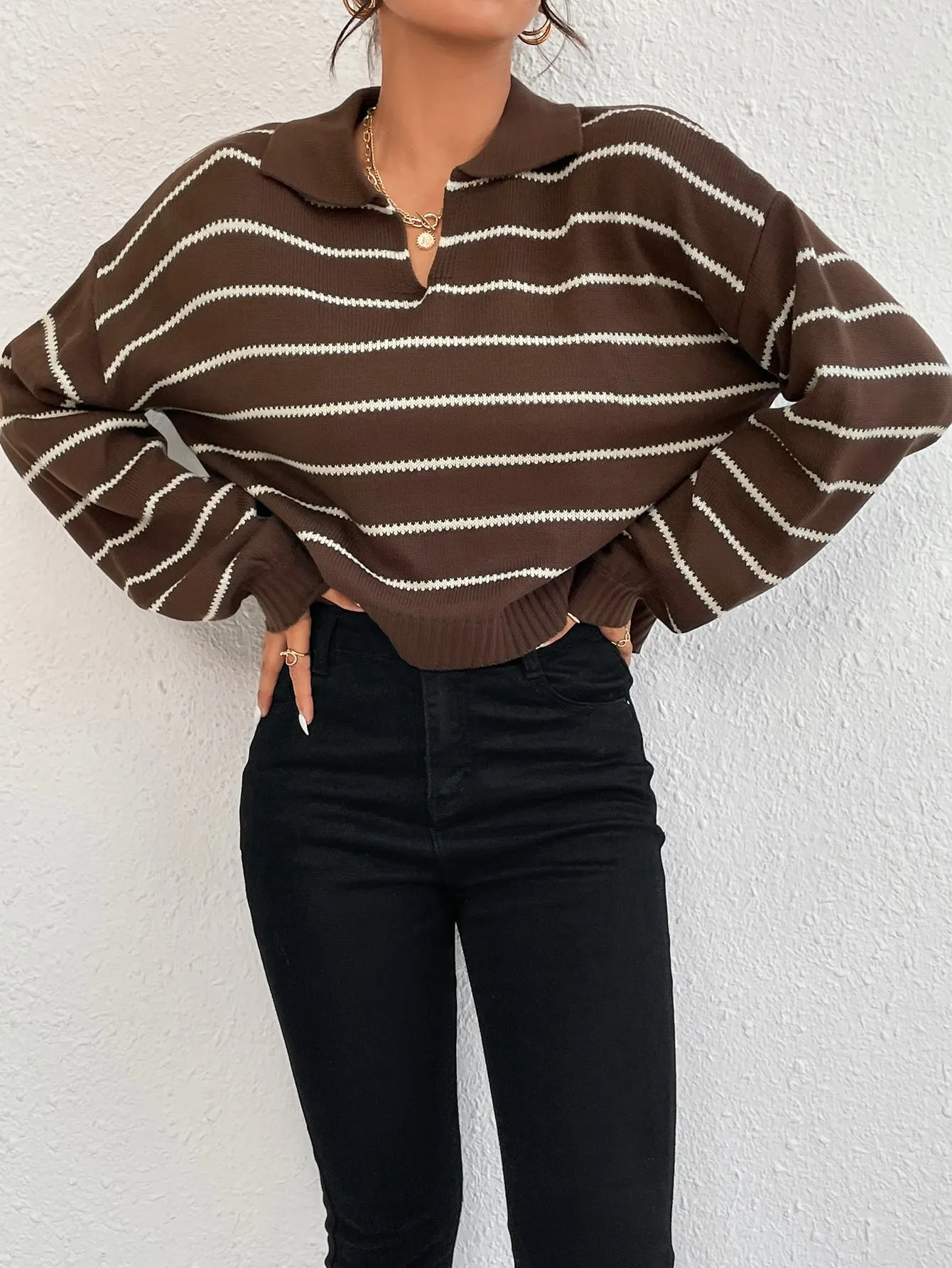 SHEIN EZwear Striped Pattern Drop Shoulder Sweater