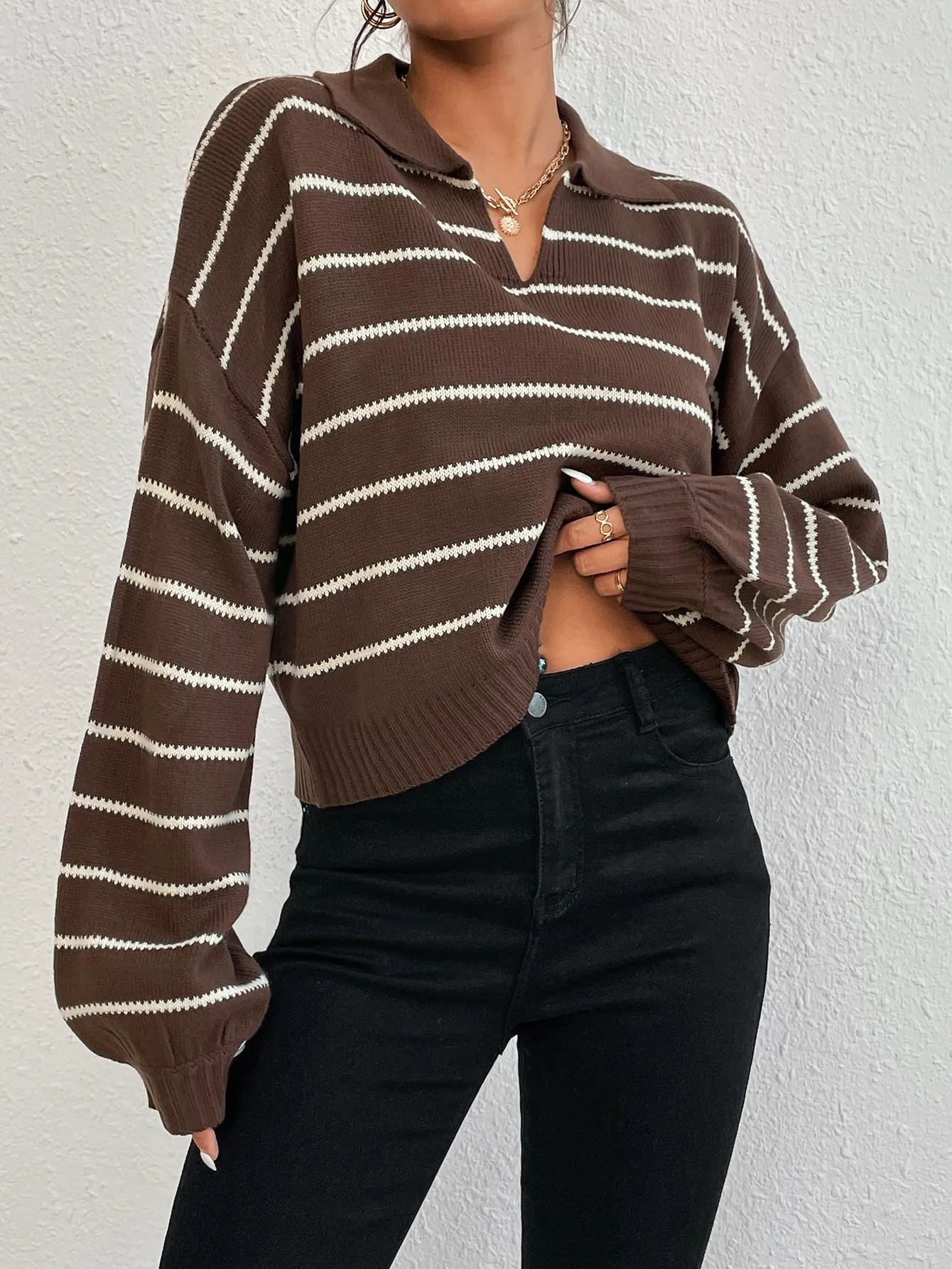 SHEIN EZwear Striped Pattern Drop Shoulder Sweater