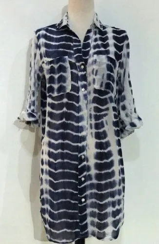 Shibori Dye Cotton Tunic Shirt in Navy