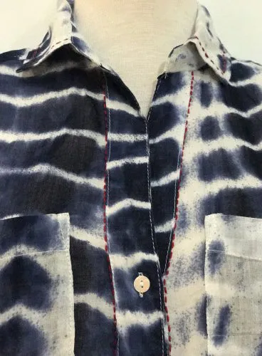 Shibori Dye Cotton Tunic Shirt in Navy