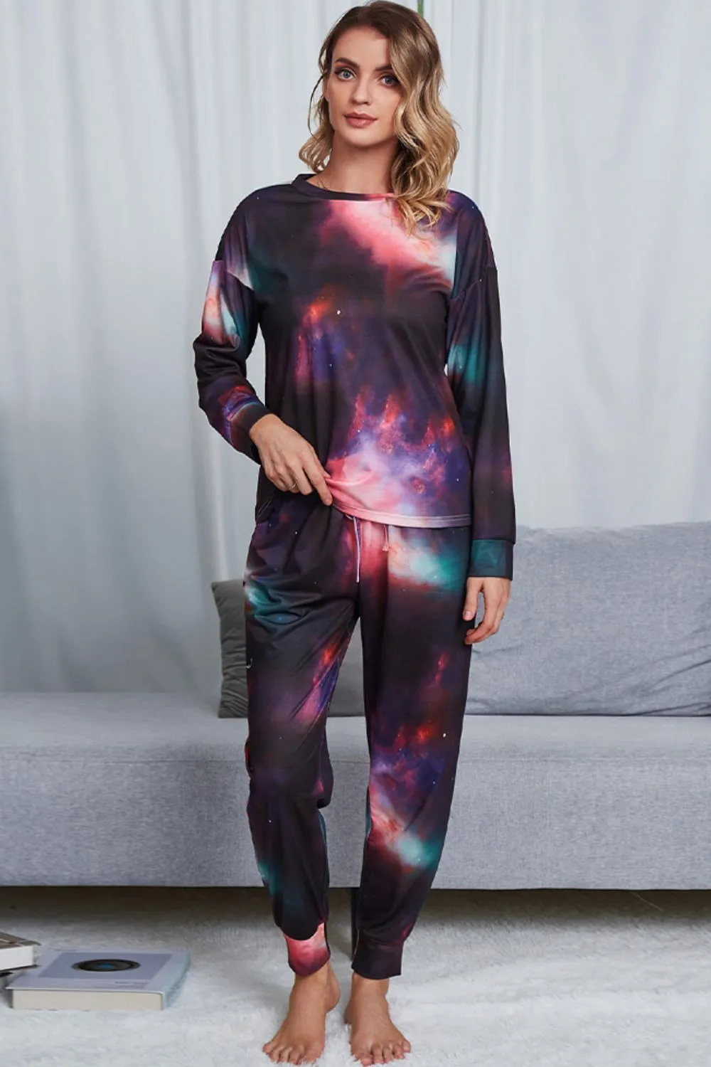 Shiny Tie-Dye Crewneck Top and Drawstring Waist Joggers Lounge Set