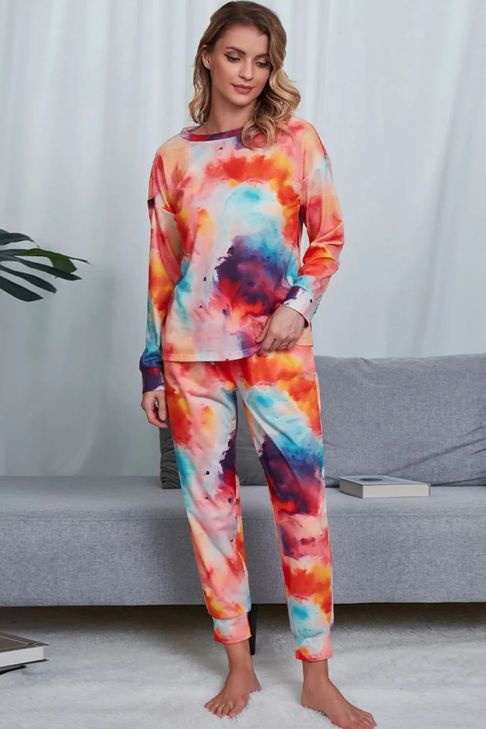 Shiny Tie-Dye Crewneck Top and Drawstring Waist Joggers Lounge Set