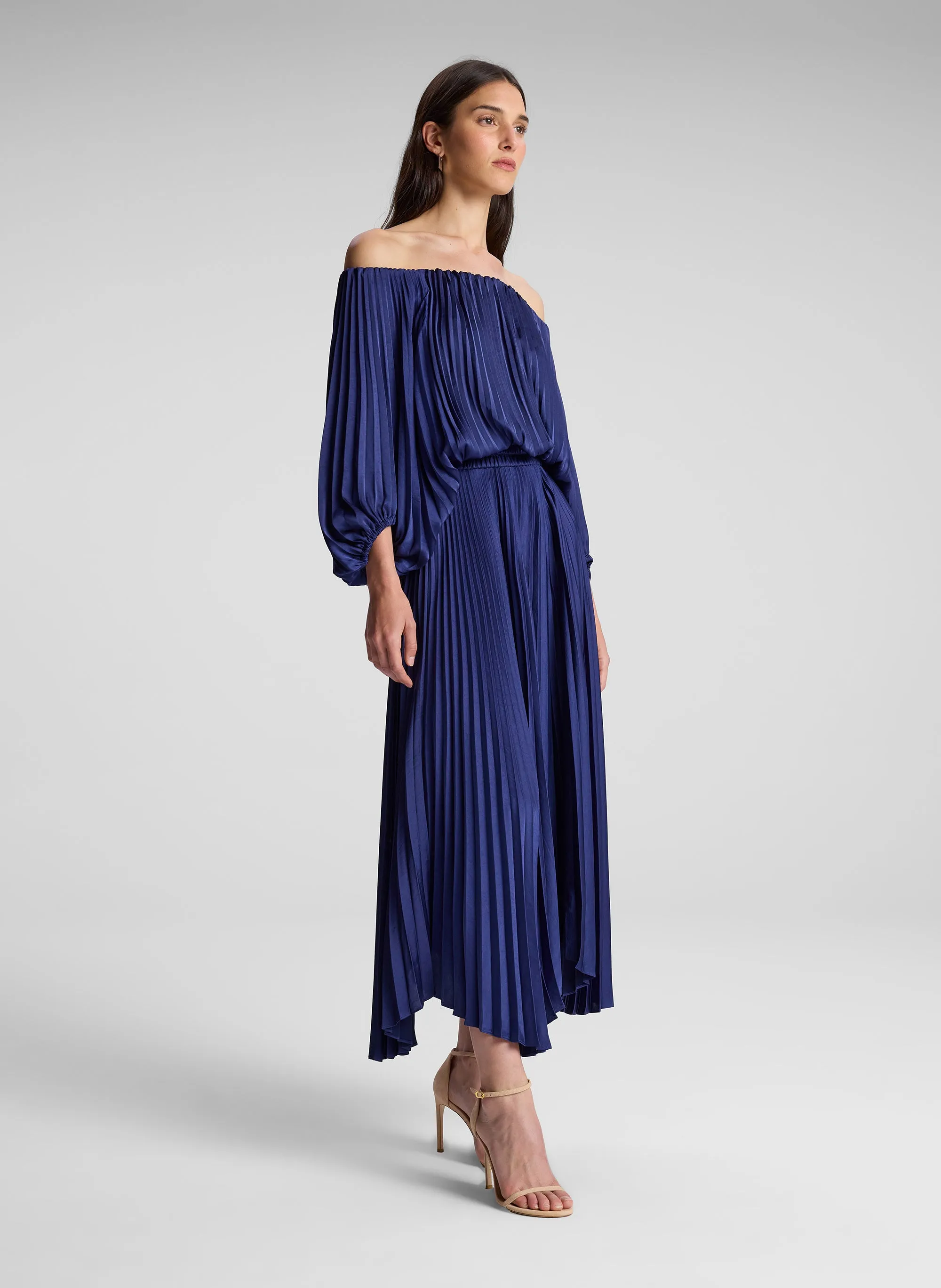 Sienna Satin Pleated Off Shoulder Dress