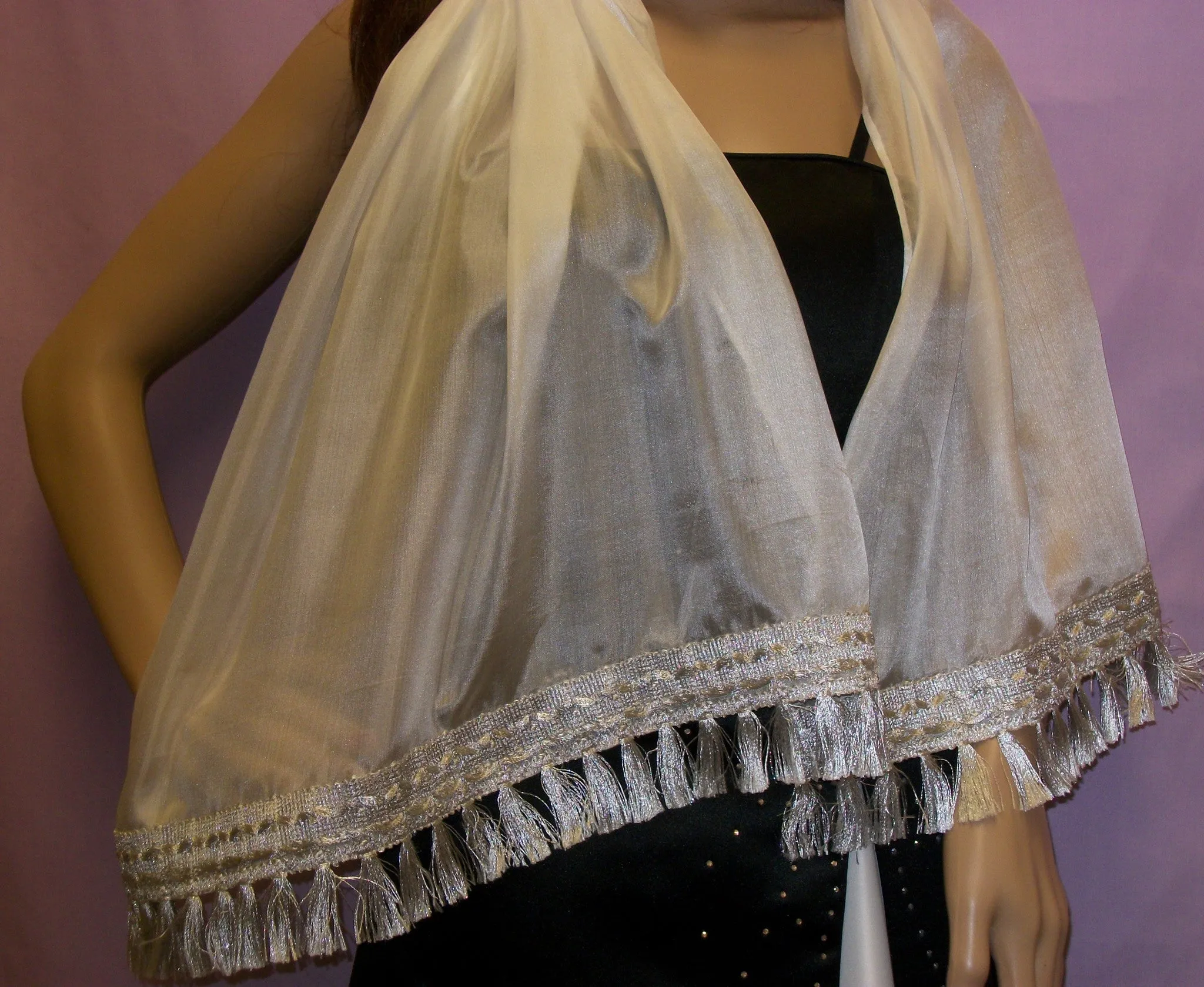 Silk Scarf 2891 Dupatta Stole Silver Fringe Ivory Shieno Sarees