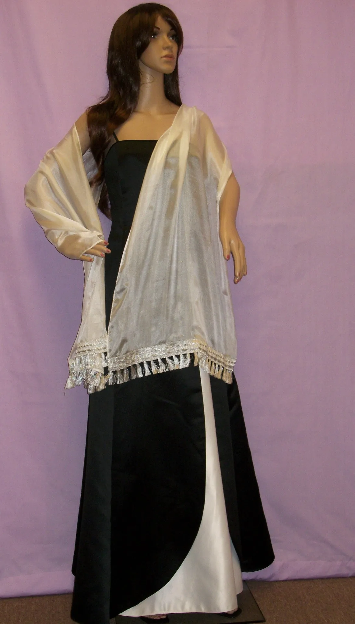 Silk Scarf 2891 Dupatta Stole Silver Fringe Ivory Shieno Sarees