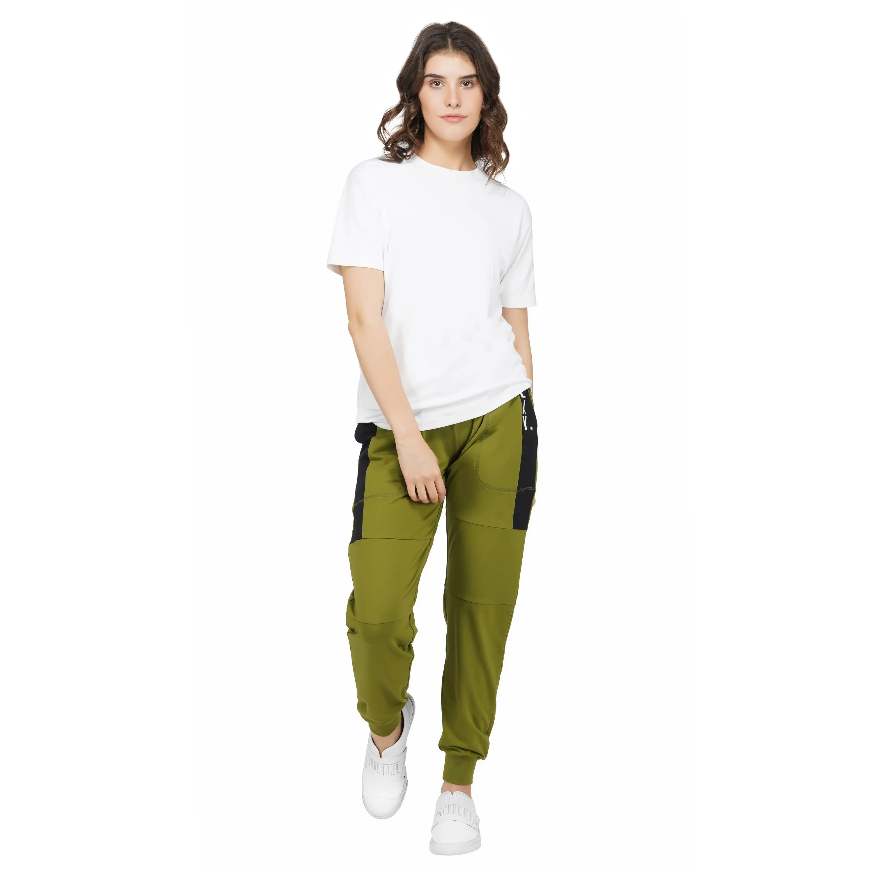 SLAY. Women's Light Green Jogger Pants With Black Stripes