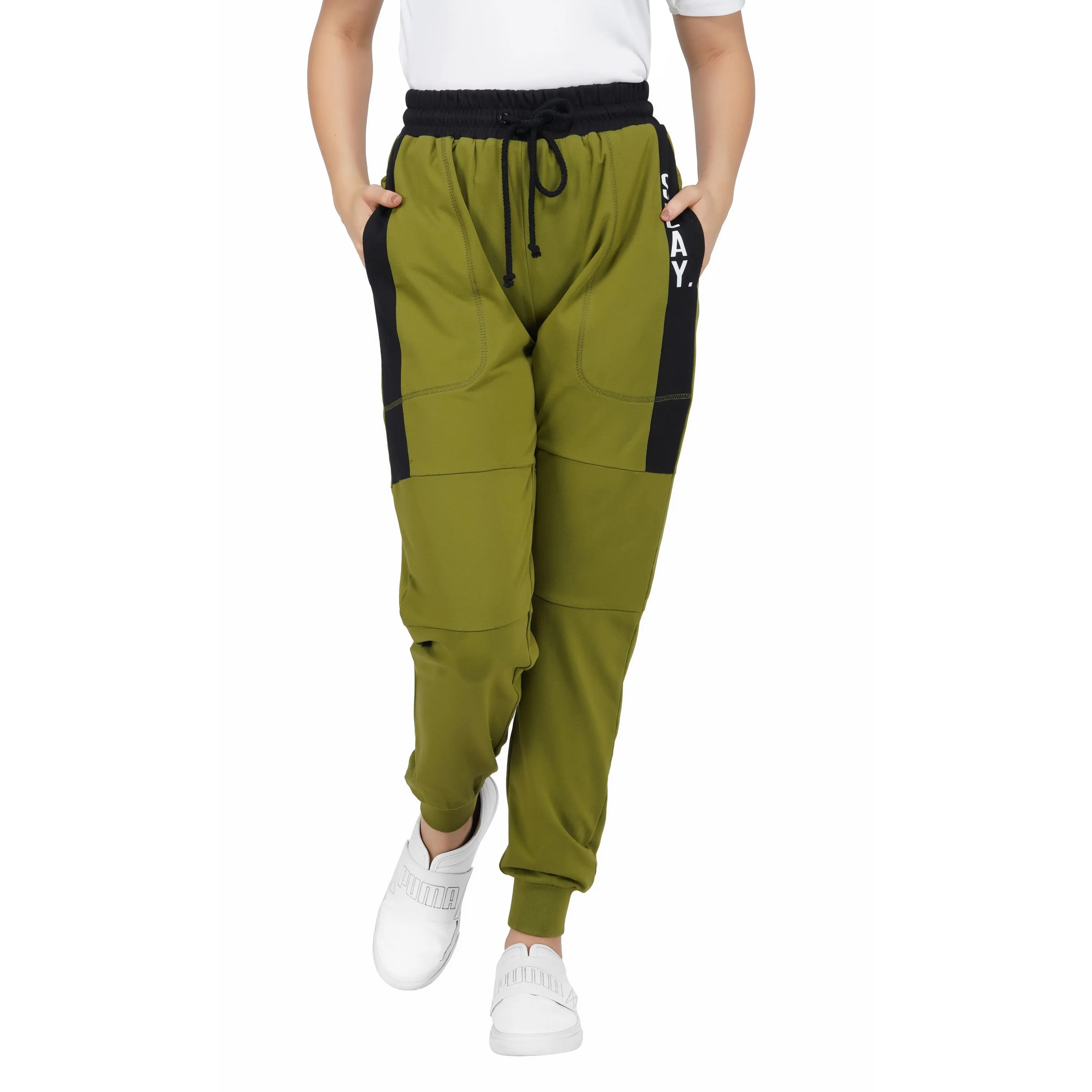 SLAY. Women's Light Green Jogger Pants With Black Stripes