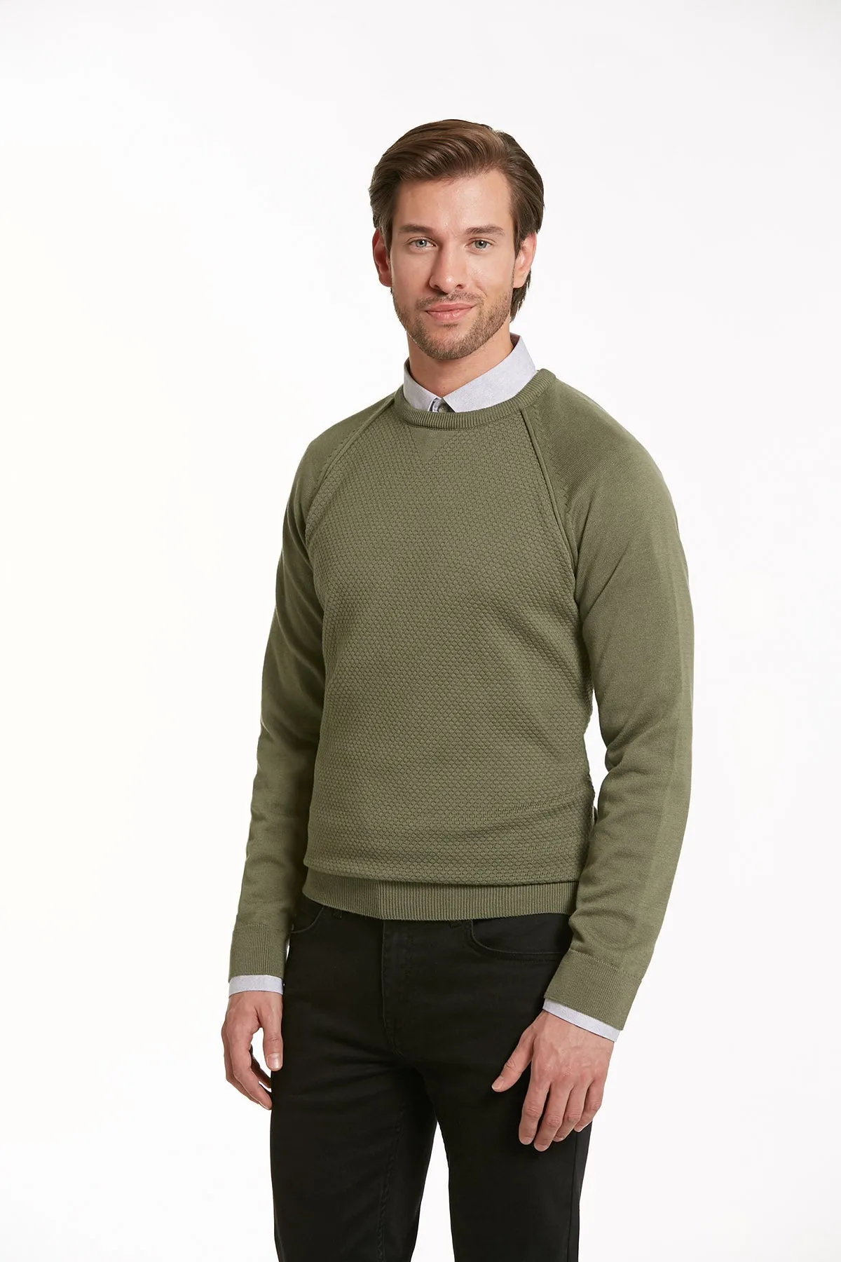 Slim Fit Seagrass Cotton Blend Crewneck Sweater