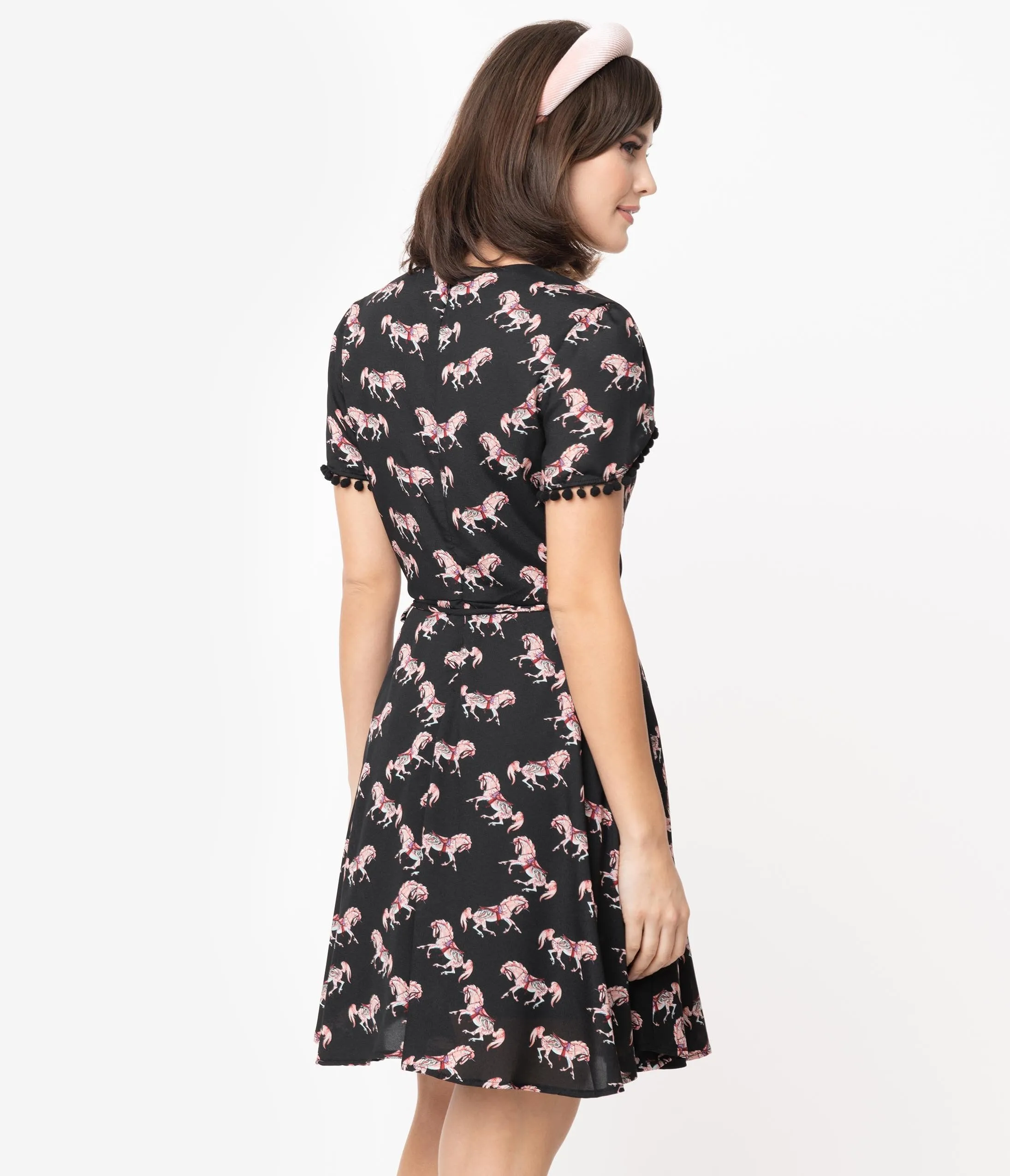 Smak Parlour Black Carousel Pony Print Pretty Woke Faux Wrap Flare Dress