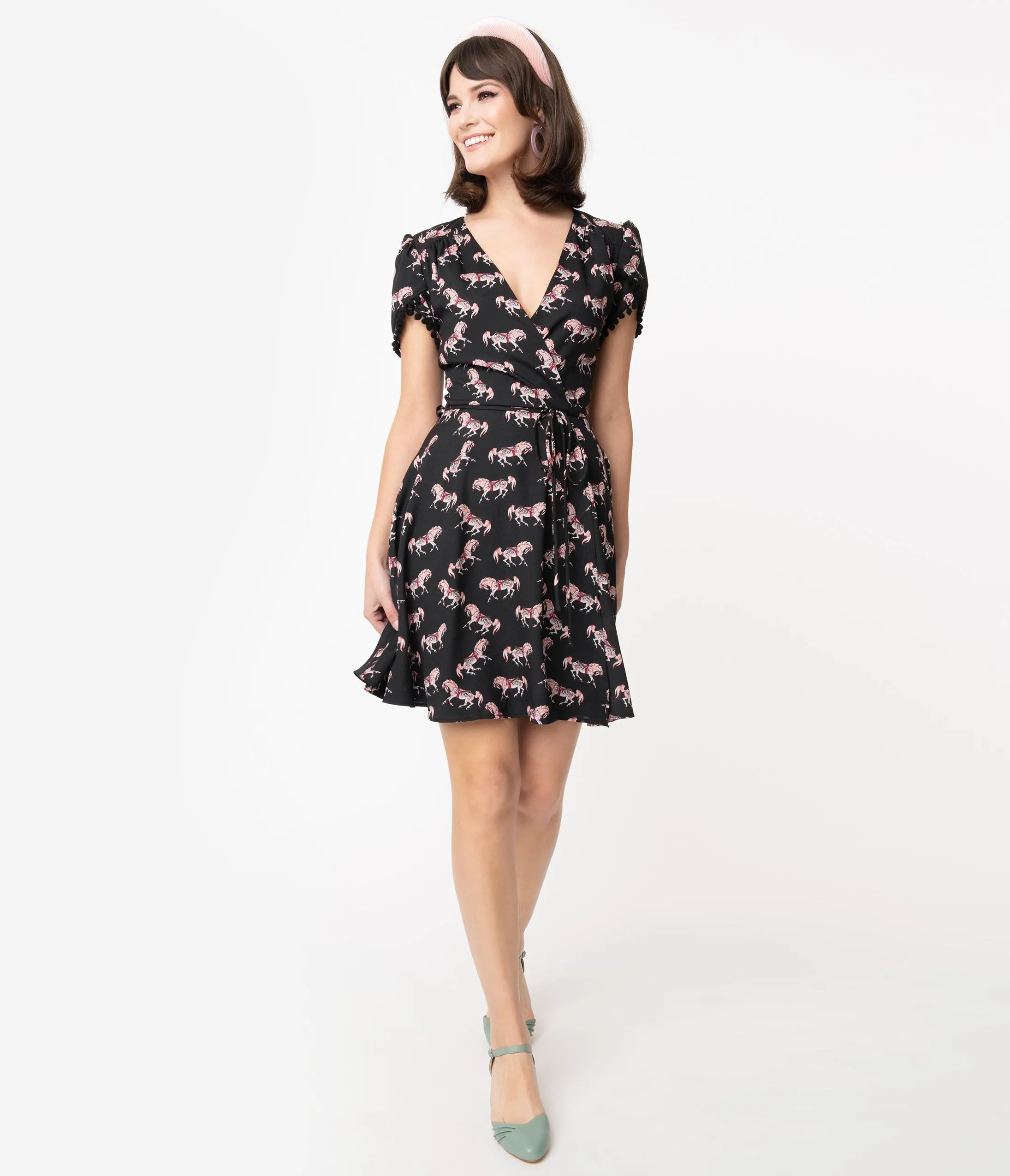 Smak Parlour Black Carousel Pony Print Pretty Woke Faux Wrap Flare Dress