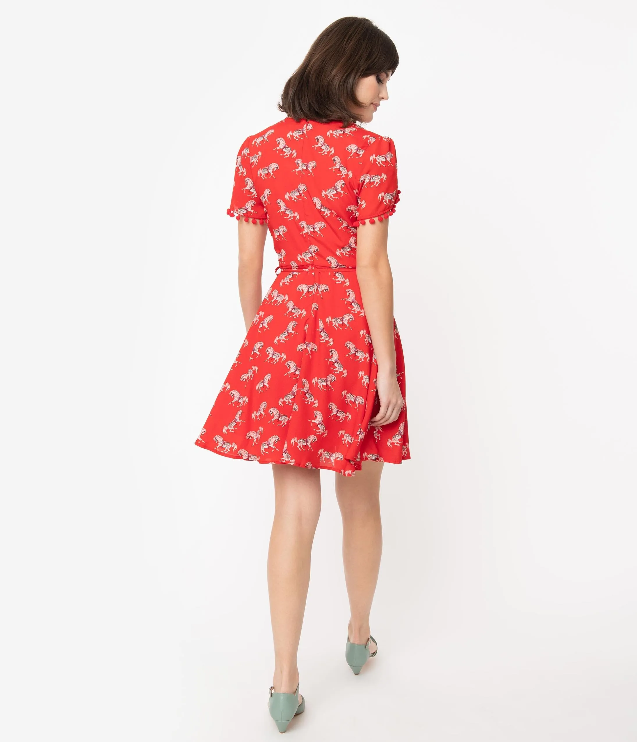 Smak Parlour Red Carousel Pony Print Pretty Woke Faux Wrap Flare Dress