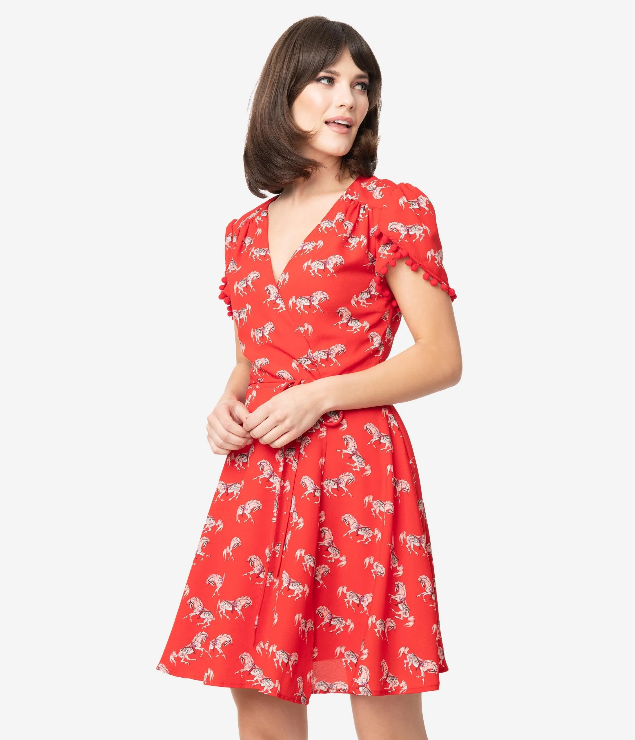 Smak Parlour Red Carousel Pony Print Pretty Woke Faux Wrap Flare Dress