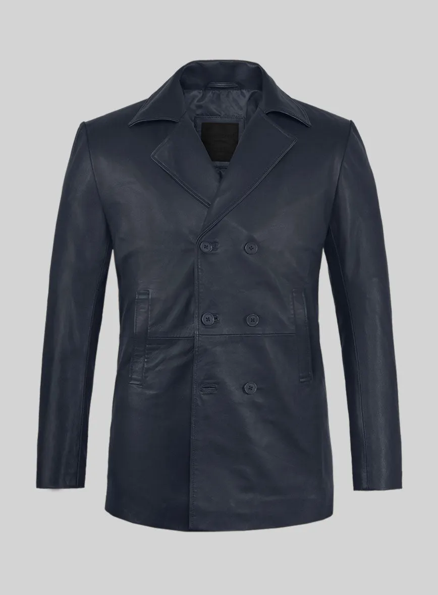 Soft Deep Blue Leather Pea Coat