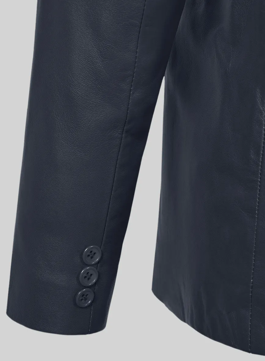 Soft Deep Blue Leather Pea Coat