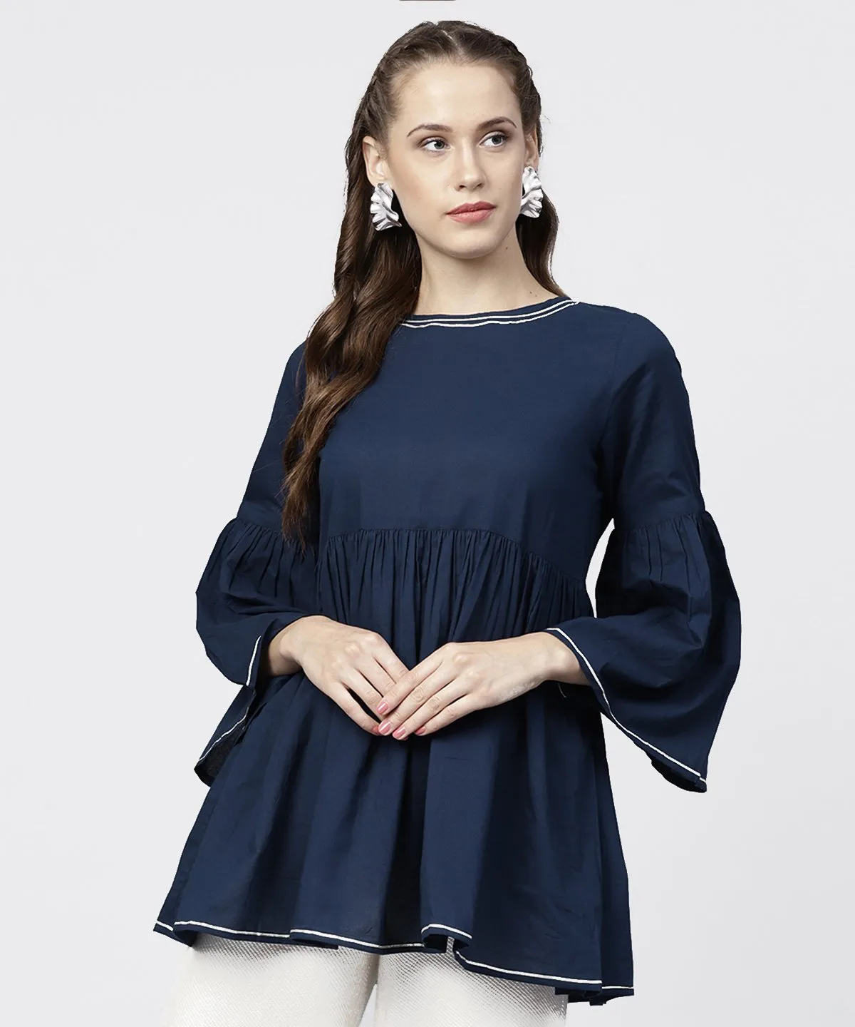 Solid Round Neck With Gathers And 3/4Th Flared Sleeves Tunic