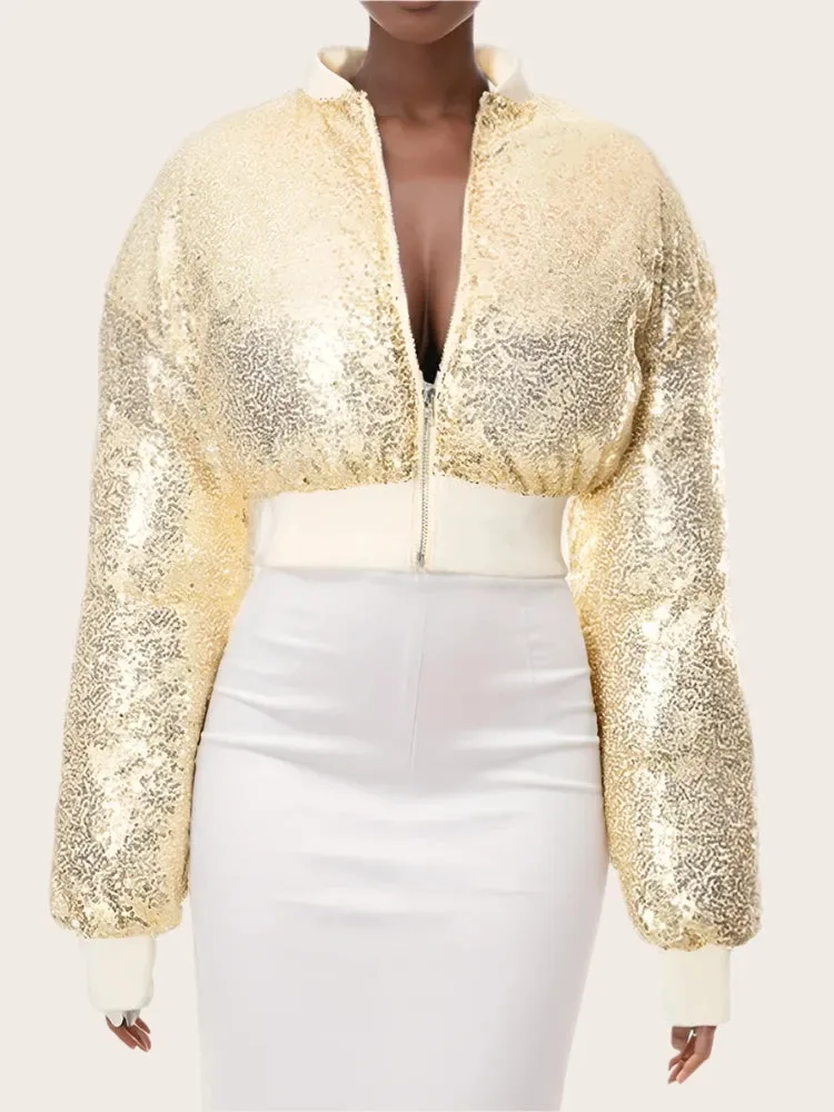 Sparkle Gold Sequins Puffer Jacket Womens Coats Winter Clothes Streetwear Fashion New in Outerwears C85-GF52