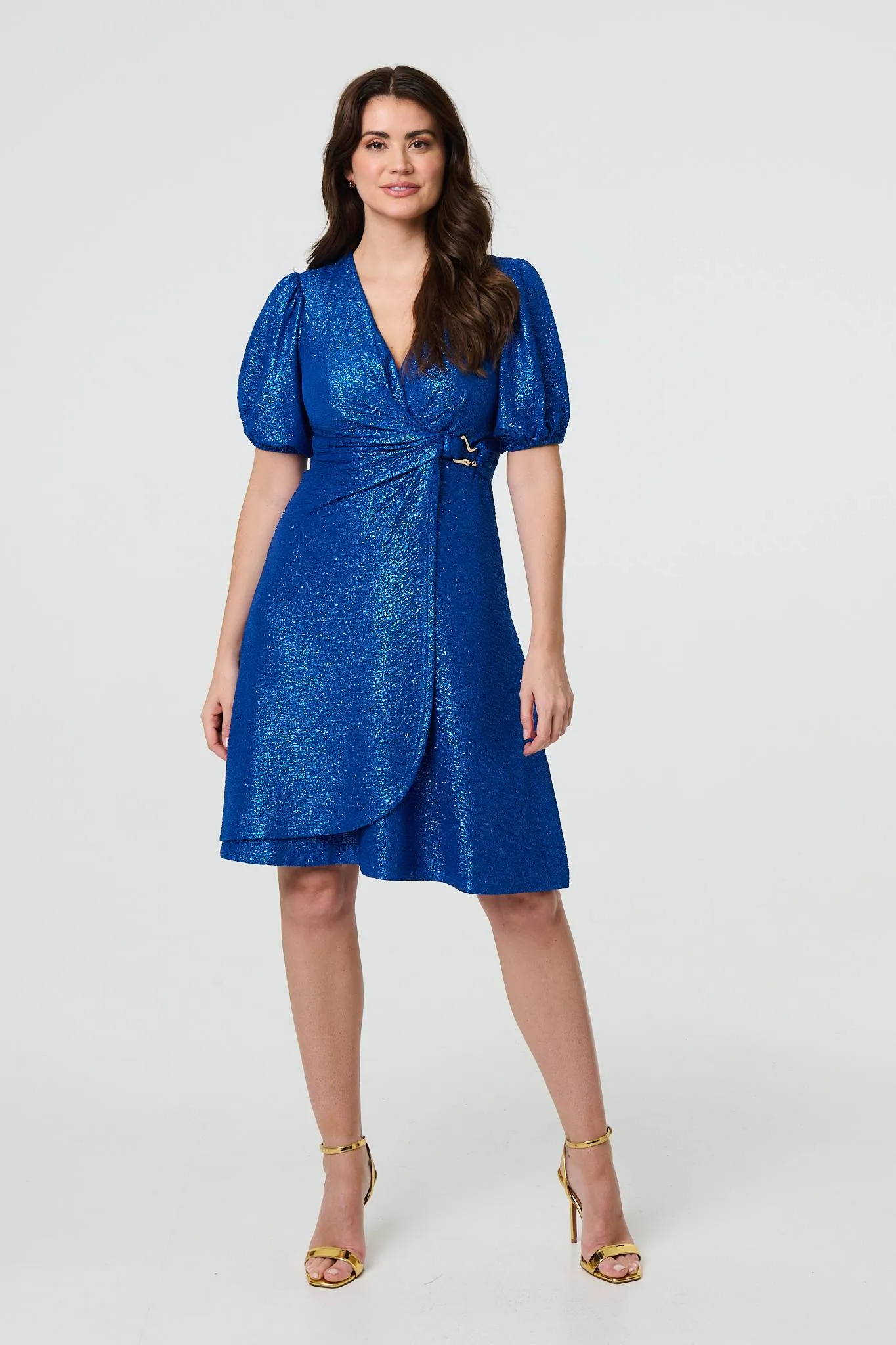 Sparkly 1/2 Sleeve Belted Wrap Midi Dress