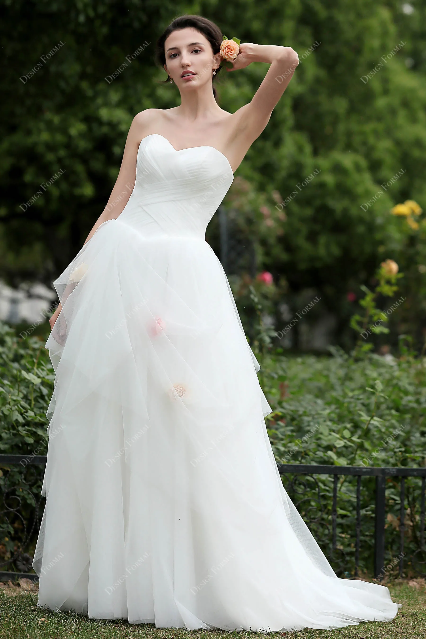 Strapless Pleated Tulle Sweetheart Country Bridal Dress