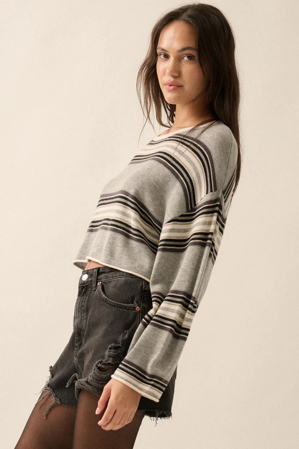 Striped Knit Rolled Cropped Sweater