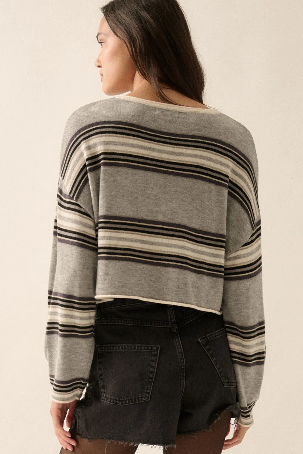 Striped Knit Rolled Cropped Sweater