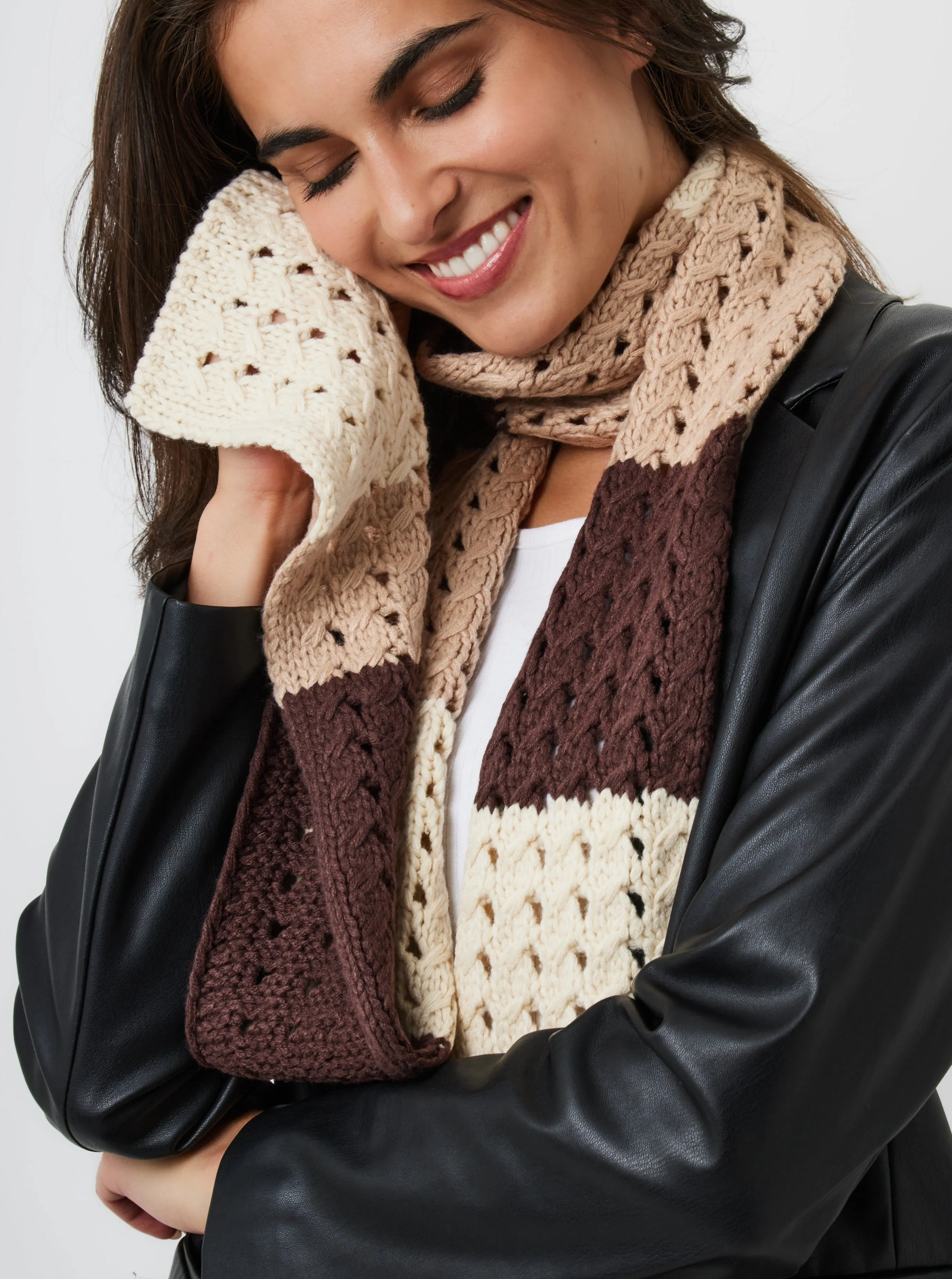 Striped Skinny Crochet Knit Scarf in Brown