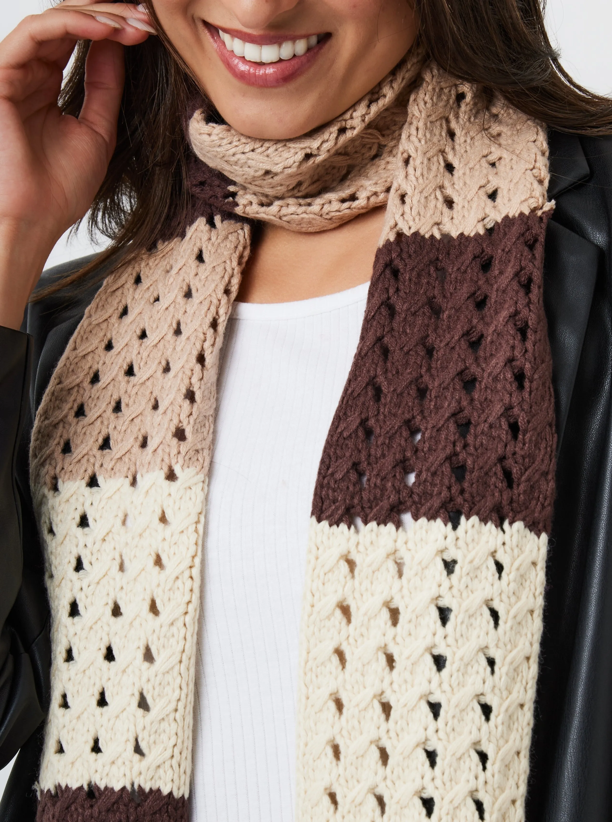 Striped Skinny Crochet Knit Scarf in Brown