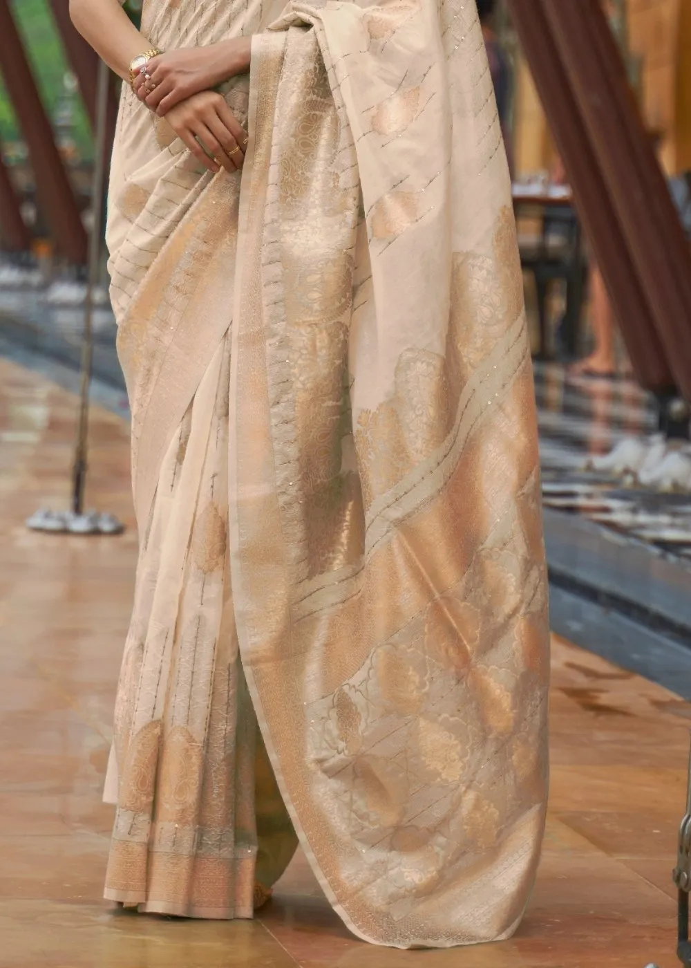 Tan Brown Zari Woven Silk Saree with Sequins work