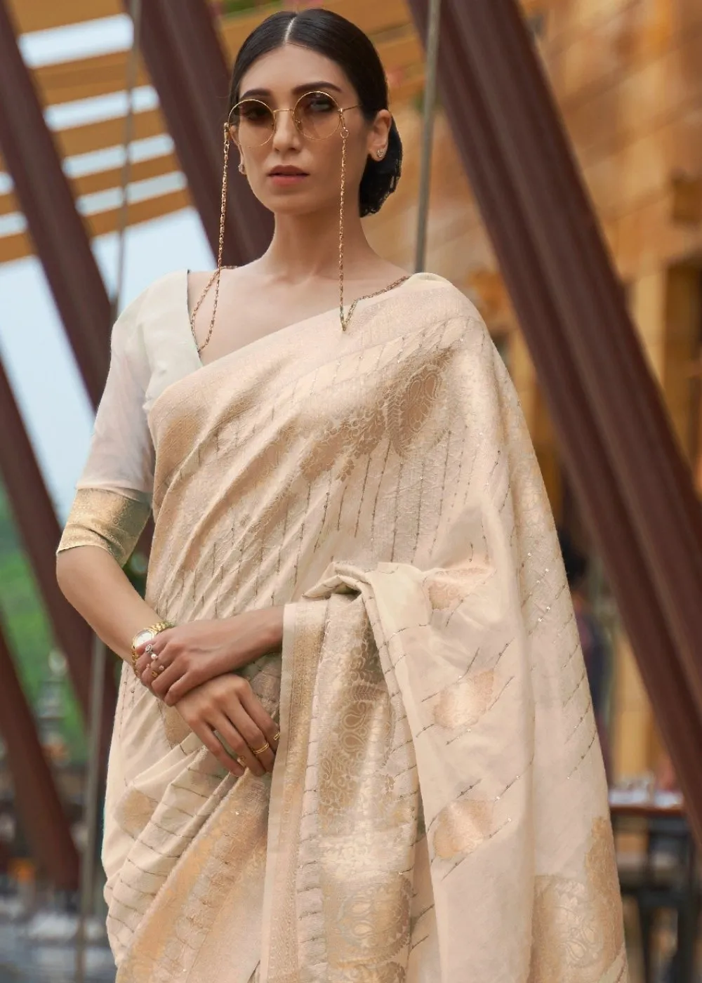 Tan Brown Zari Woven Silk Saree with Sequins work