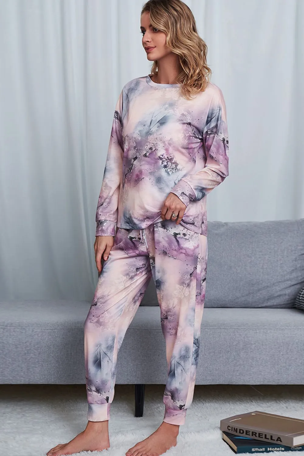 Tie-Dye Crewneck Top and Drawstring Waist Joggers Lounge Set