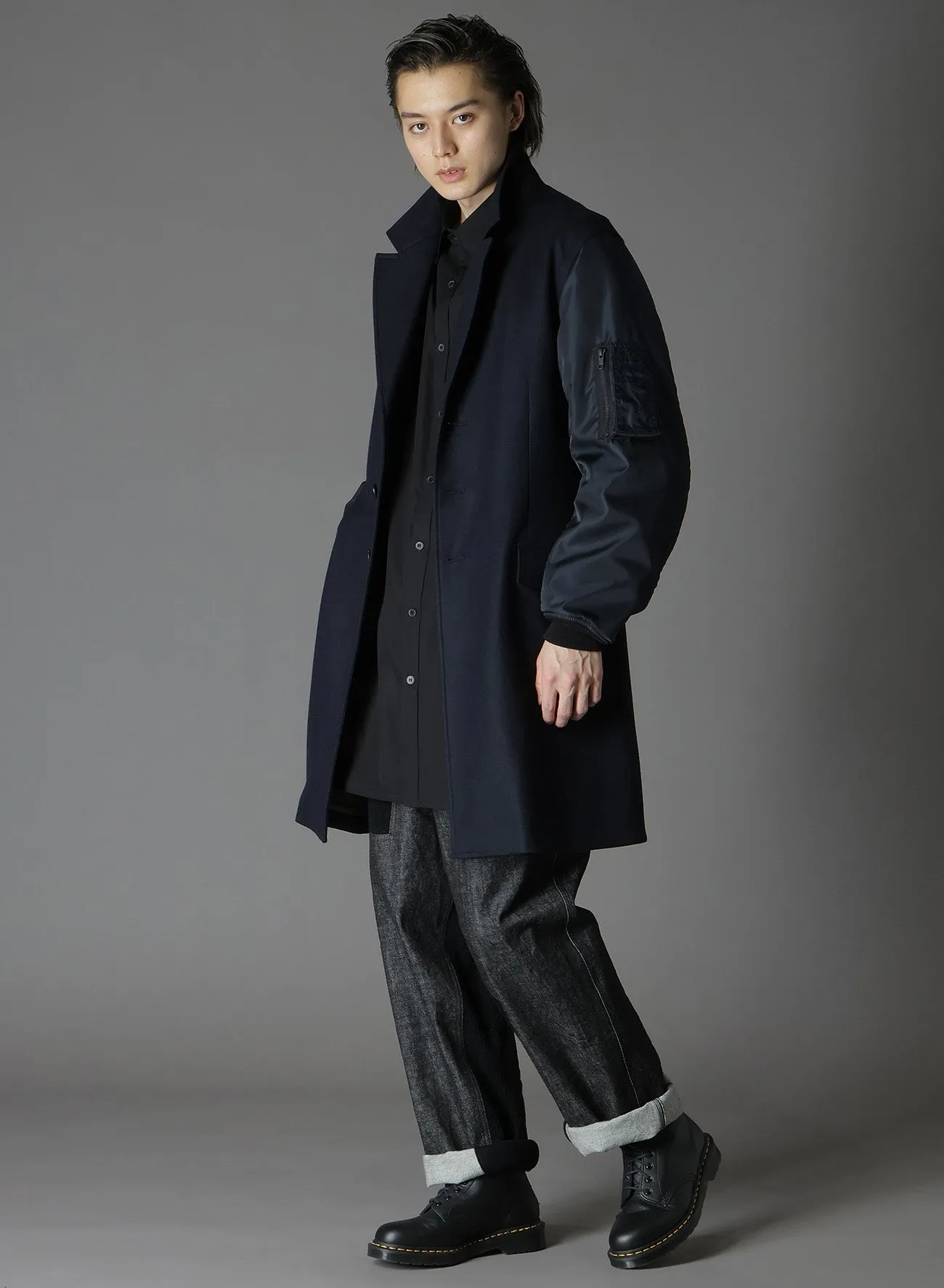 TOP DYED LIGHT FLANNEL  NYLON TWILL LONG JACKET MA-1 SLEEVE