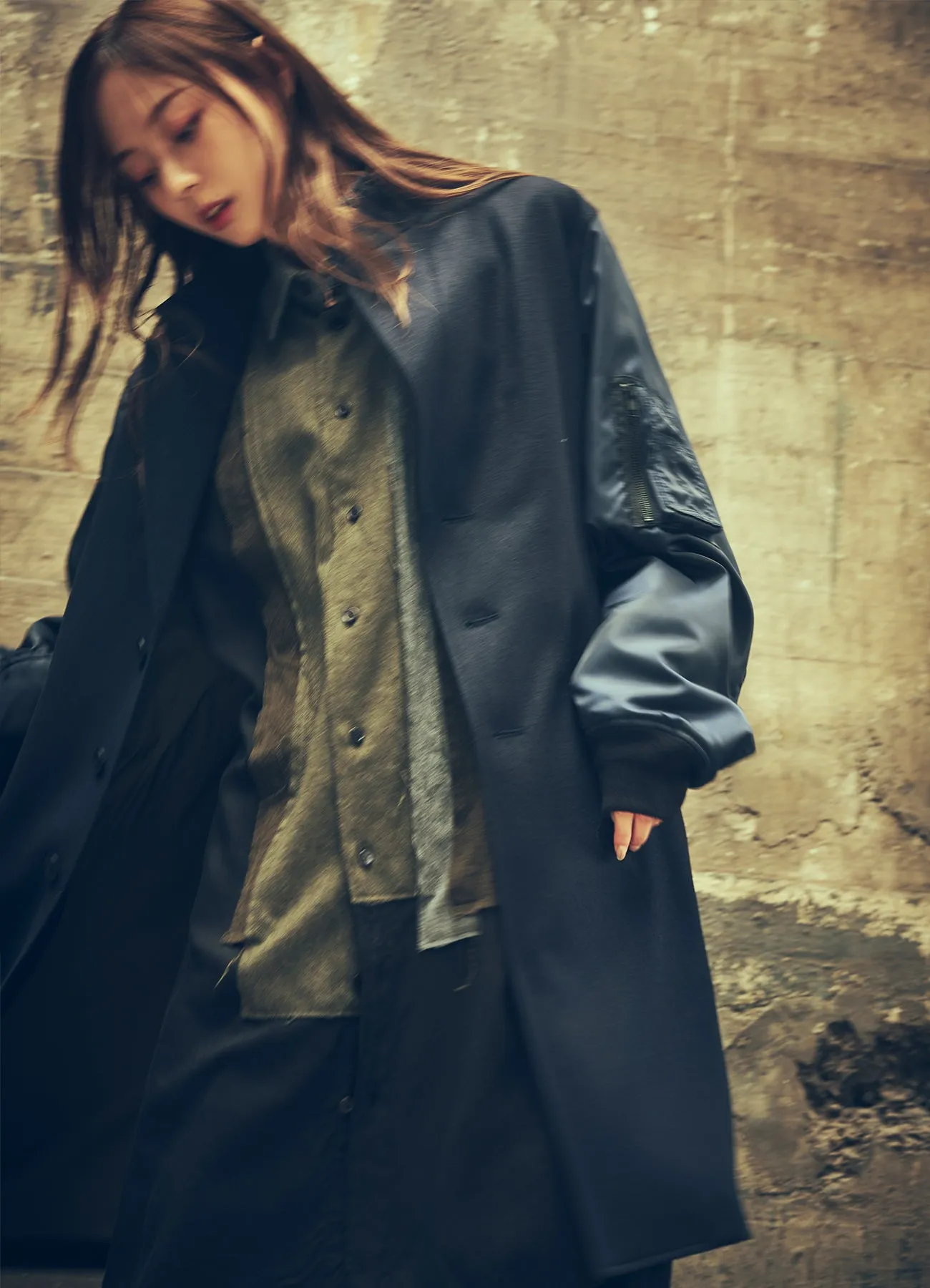 TOP DYED LIGHT FLANNEL  NYLON TWILL LONG JACKET MA-1 SLEEVE