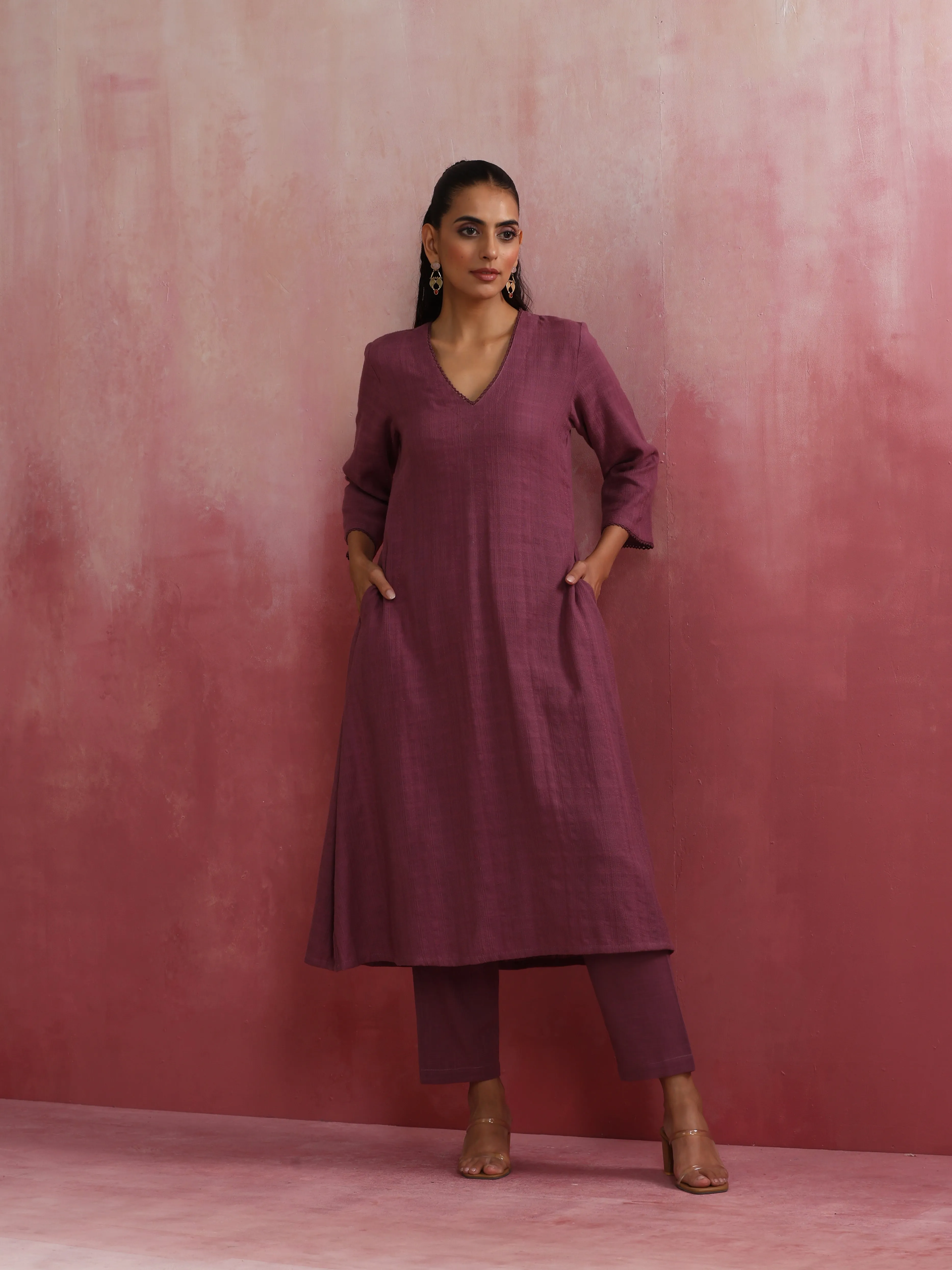 trueBrowns Light Purple Cotton Dobby Flared Kurta Set