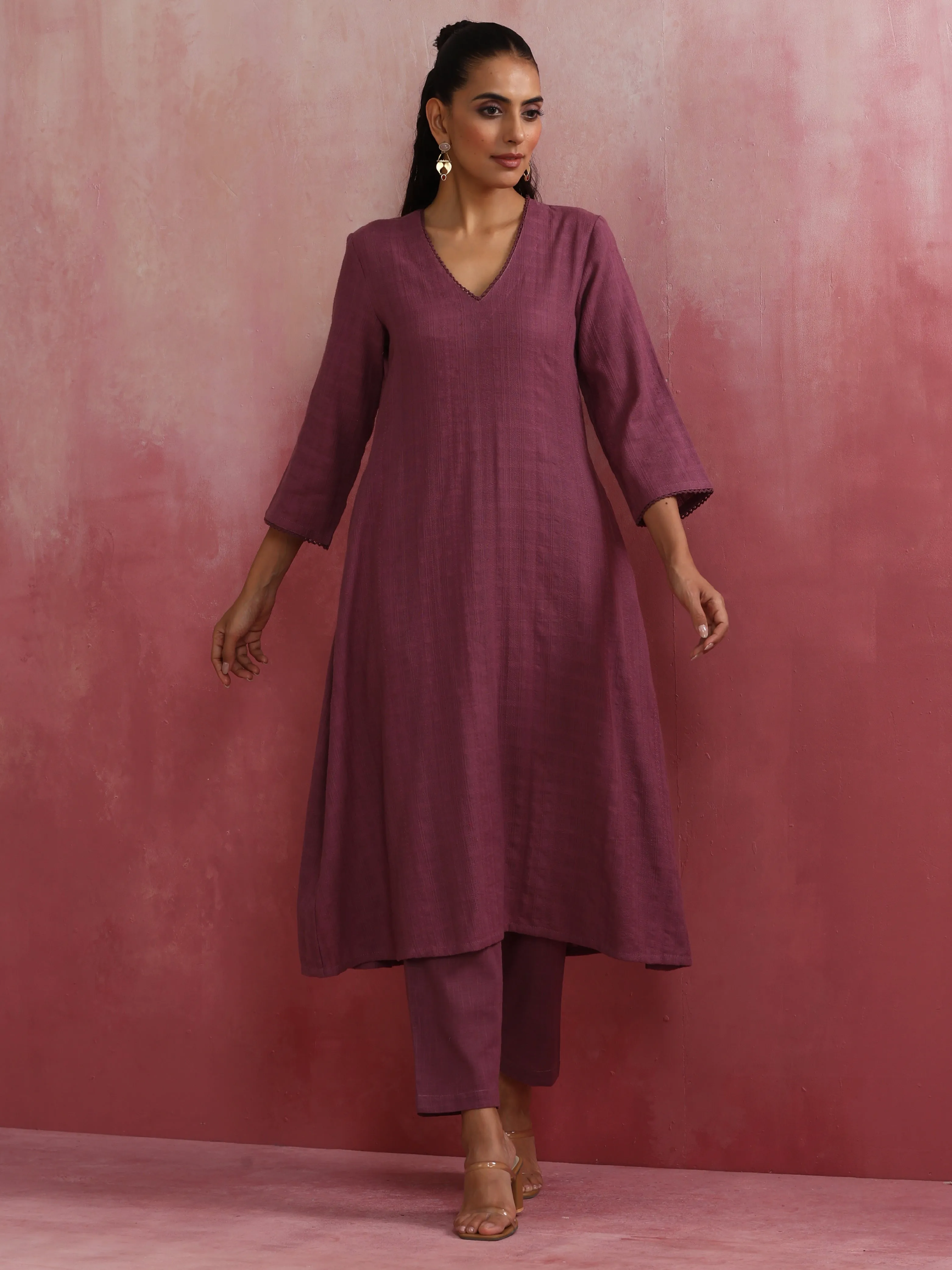 trueBrowns Light Purple Cotton Dobby Flared Kurta Set