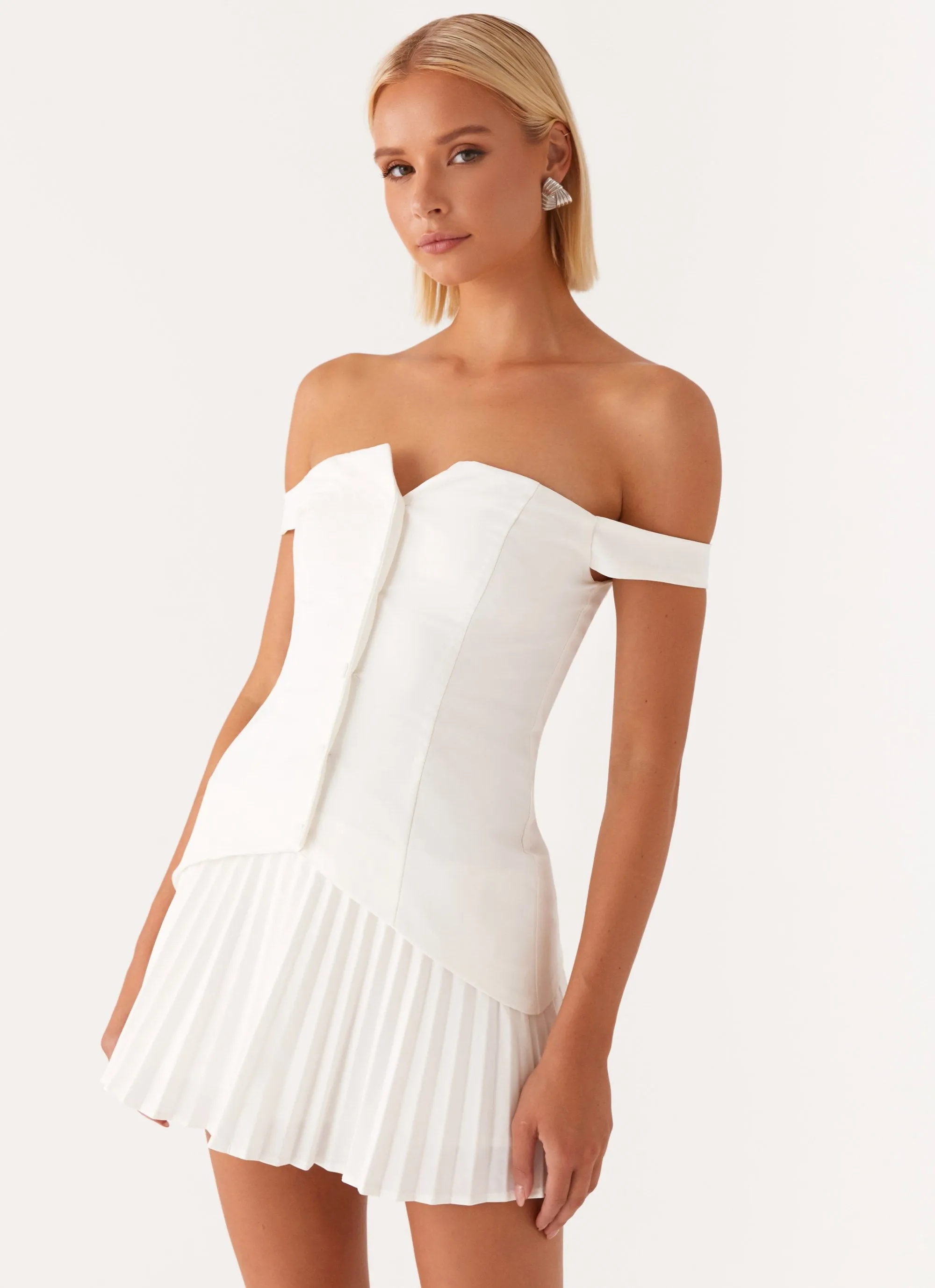 Twisted Skies Off Shoulder Mini Dress - Off White