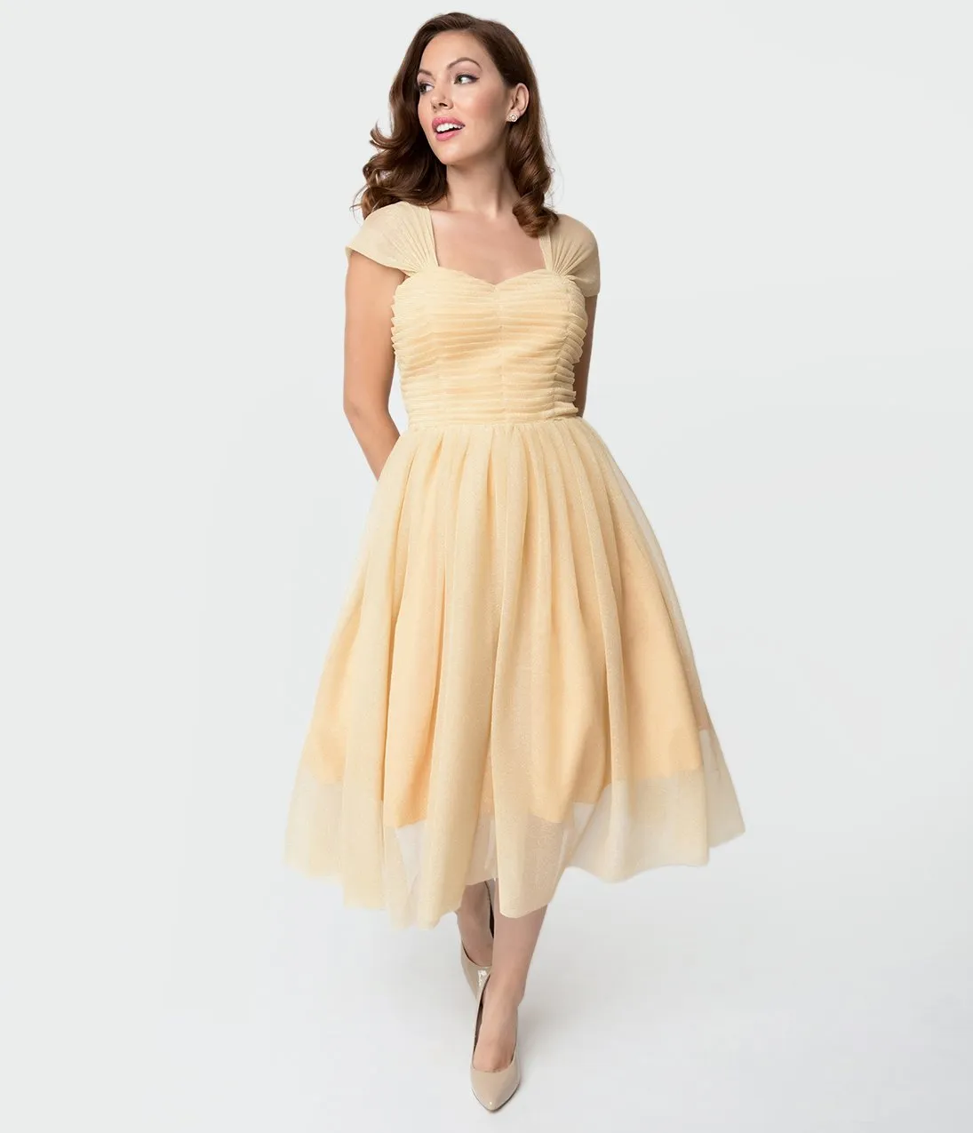 Unique Vintage Champagne & Gold Glitter Garden State Mesh Cocktail Dress