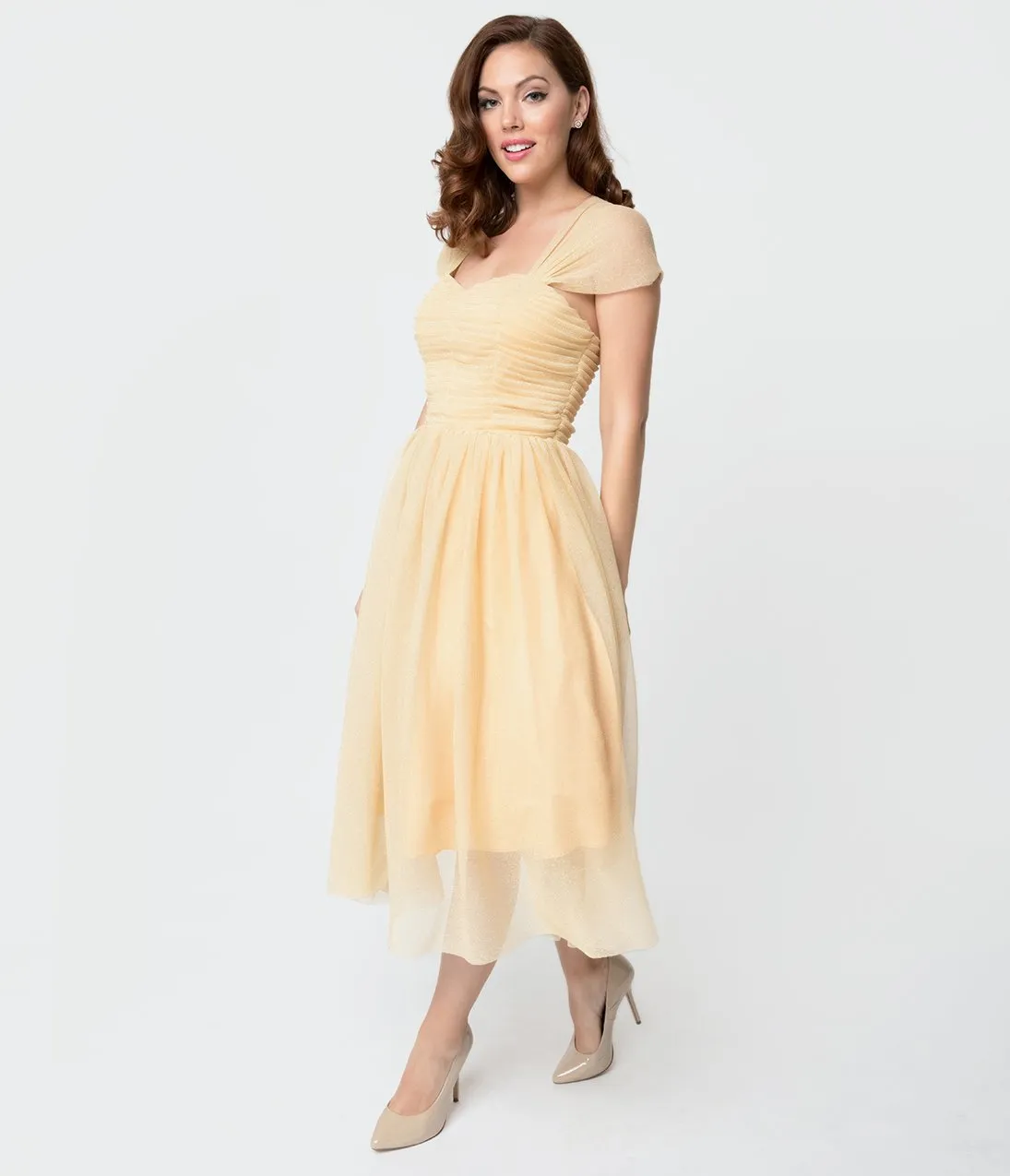 Unique Vintage Champagne & Gold Glitter Garden State Mesh Cocktail Dress