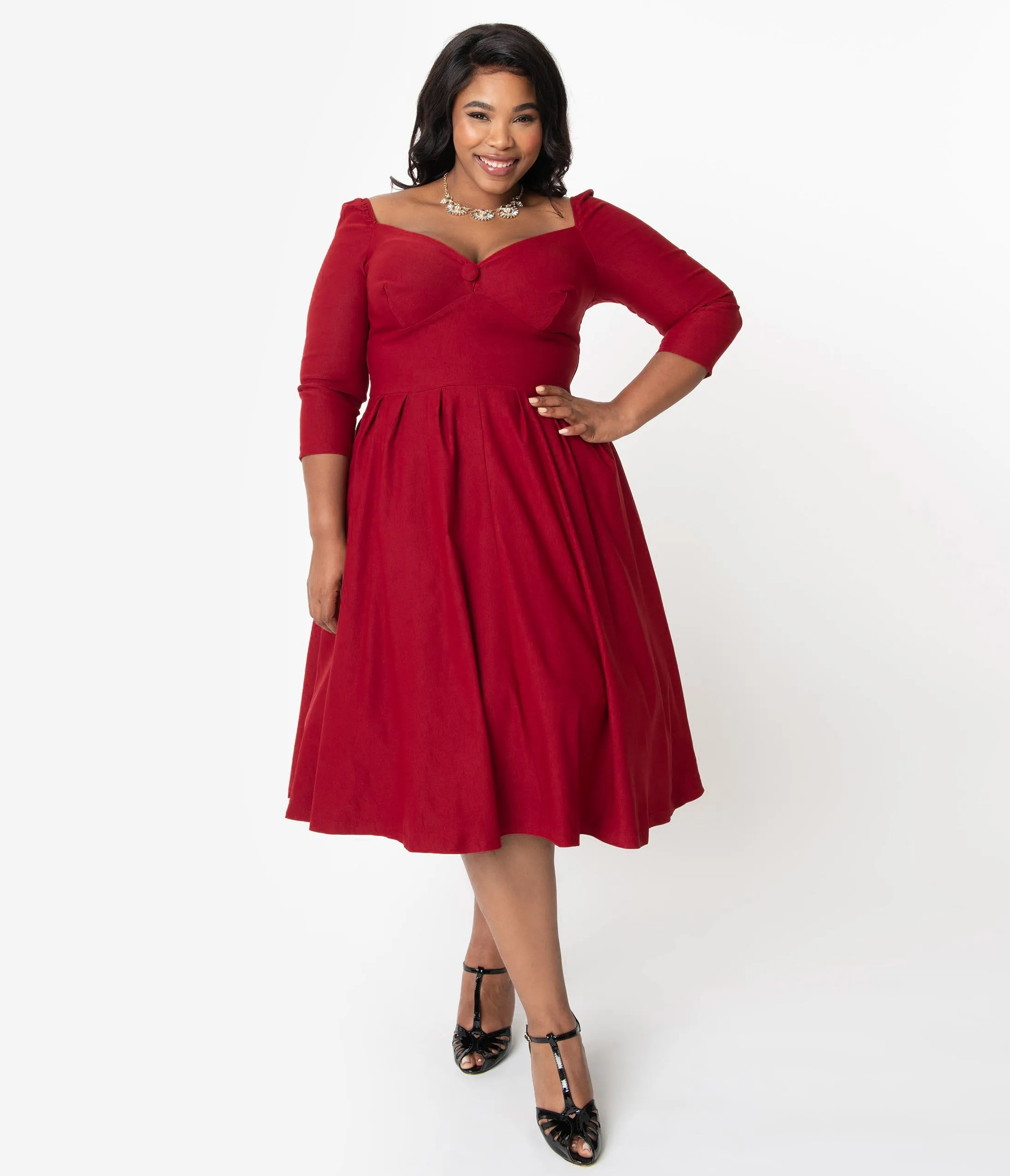 Unique Vintage Plus Size 1950s Deep Red Bengaline Sweetheart Lamar Swing Dress