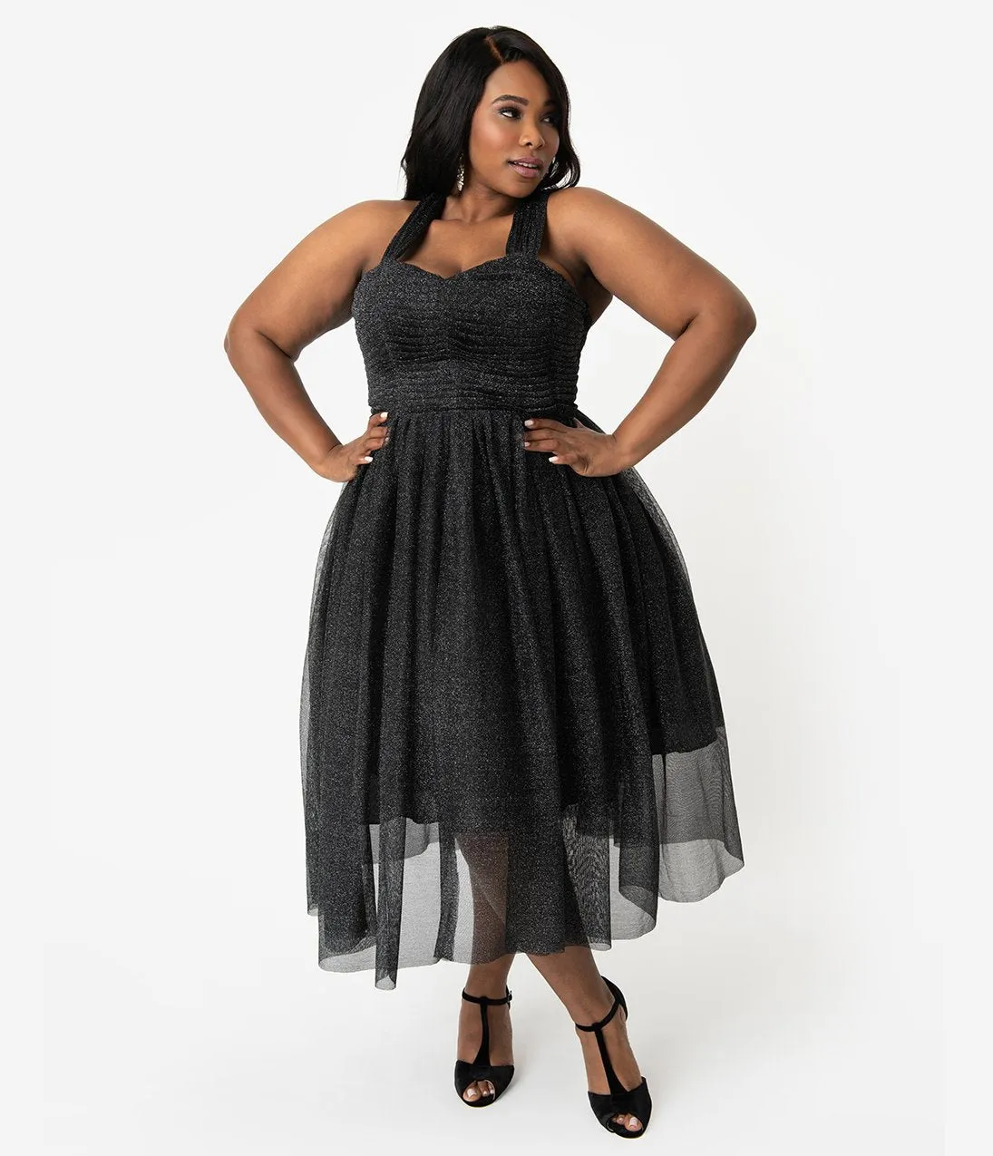 Unique Vintage Plus Size Black & Silver Glitter Garden State Mesh Cocktail Dress