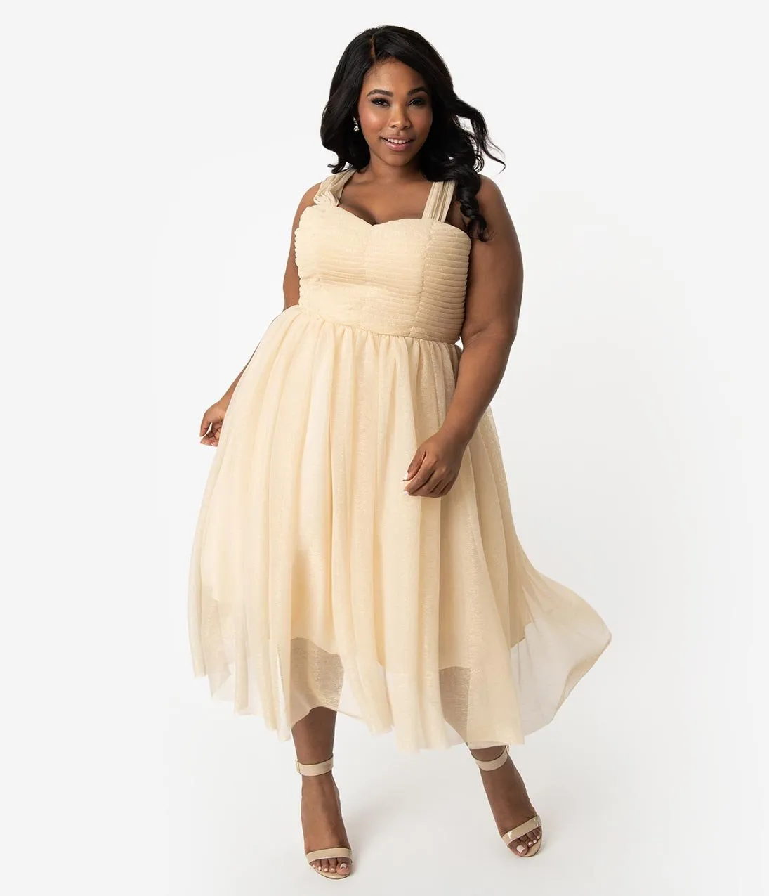 Unique Vintage Plus Size Champagne & Gold Glitter Garden State Mesh Cocktail Dress