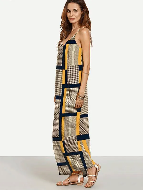 Unique Yellow Plaid Spaghetti Straps V Neck Maxi Dress