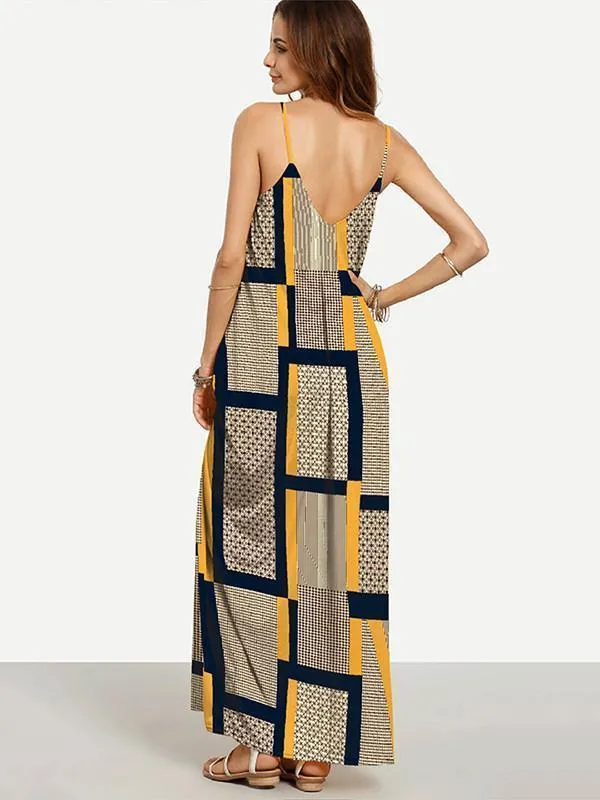 Unique Yellow Plaid Spaghetti Straps V Neck Maxi Dress