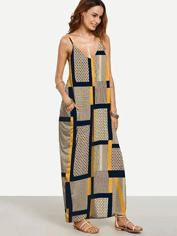 Unique Yellow Plaid Spaghetti Straps V Neck Maxi Dress