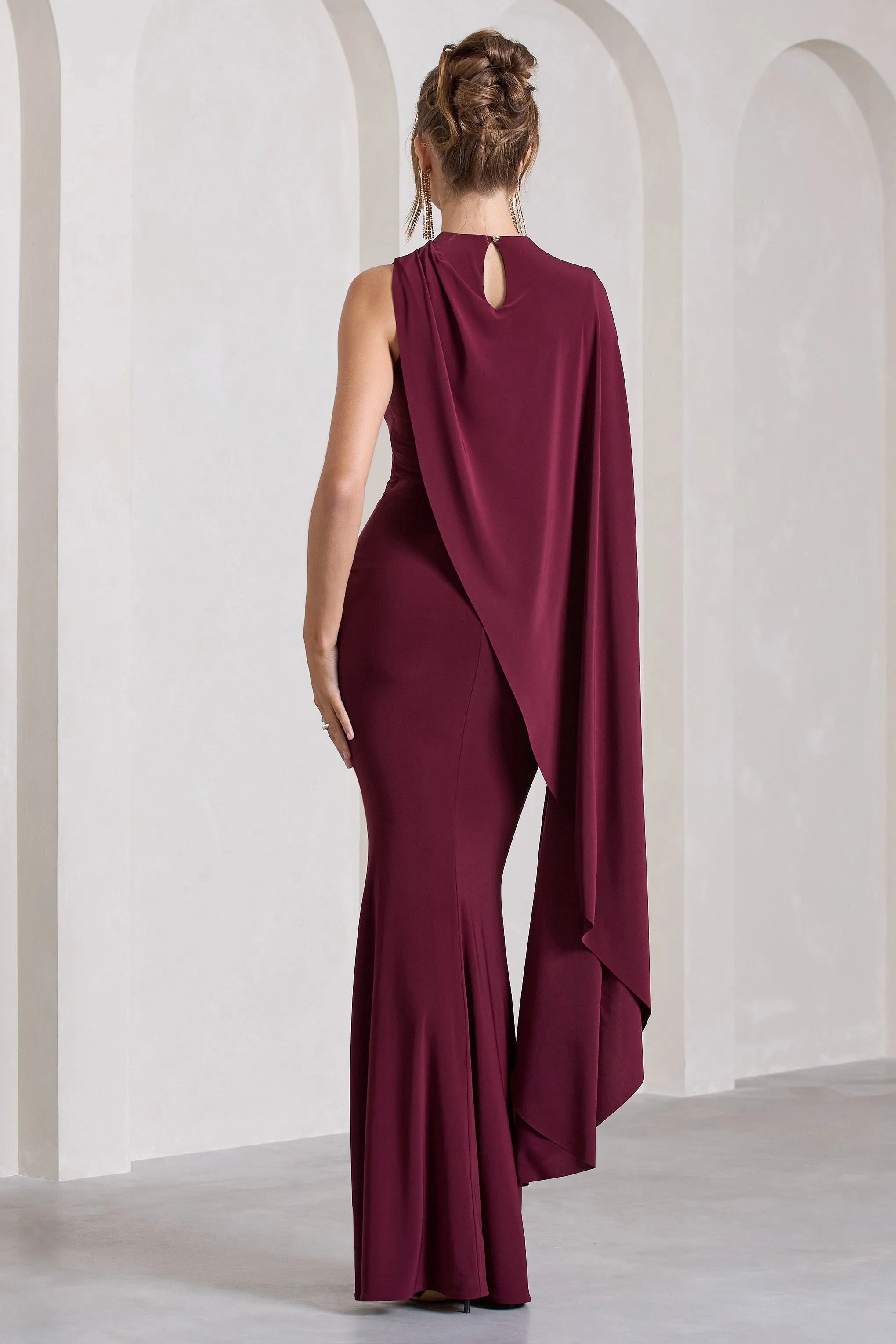 Unveil | Burgundy One-Sleeve Cape Maxi Dress