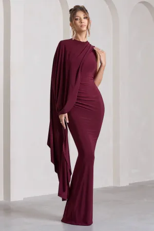 Unveil | Burgundy One-Sleeve Cape Maxi Dress